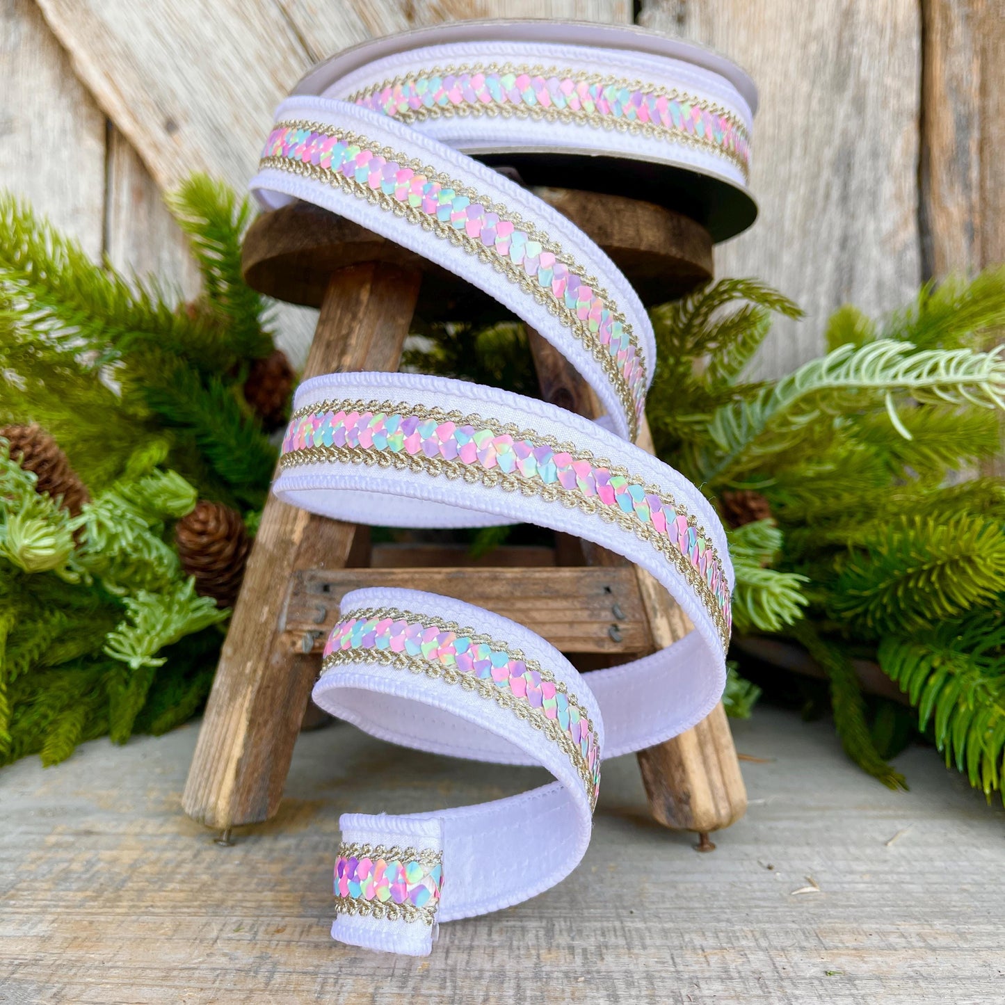 1" White Pastel Sequin Ribbon, Farrisilk Ribbon, Sequin RIbbon, Pastel Ribbon, Candy Ribbon, Heart Strings Ribbon, Christmas Ribbon,SR106-43