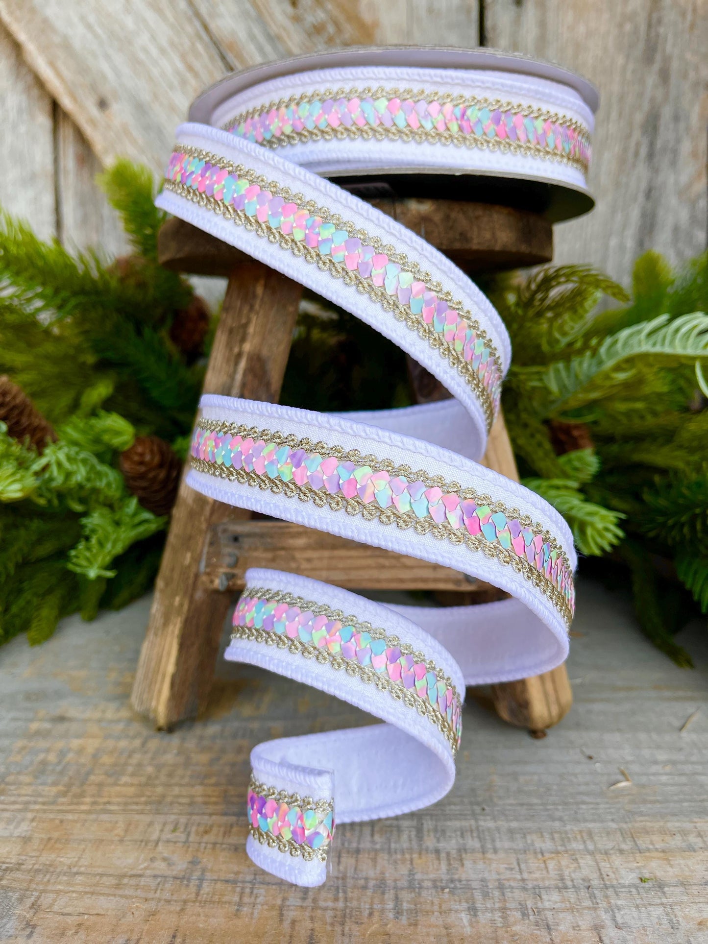 1" White Pastel Sequin Ribbon, Farrisilk Ribbon, Sequin RIbbon, Pastel Ribbon, Candy Ribbon, Heart Strings Ribbon, Christmas Ribbon,SR106-43