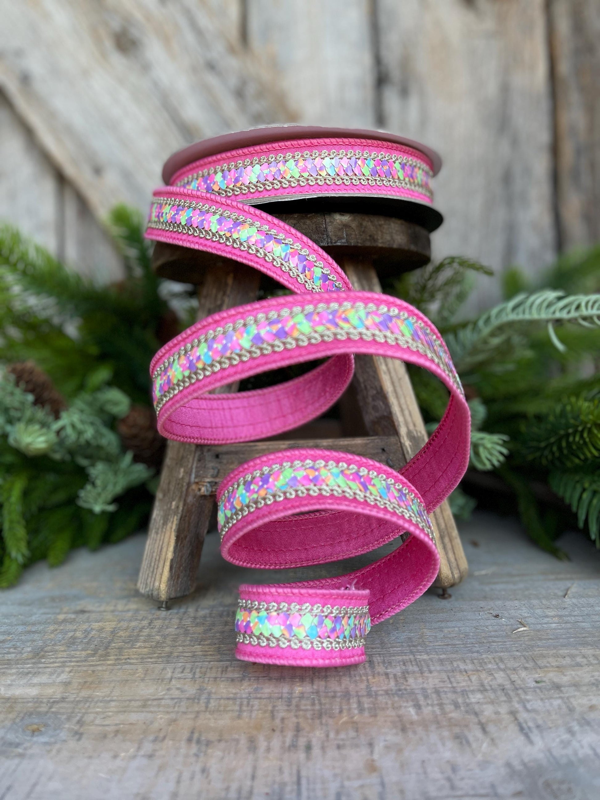 1" Pink Pastel Sequin Ribbon, Farrisilk Ribbon, Sequin RIbbon
