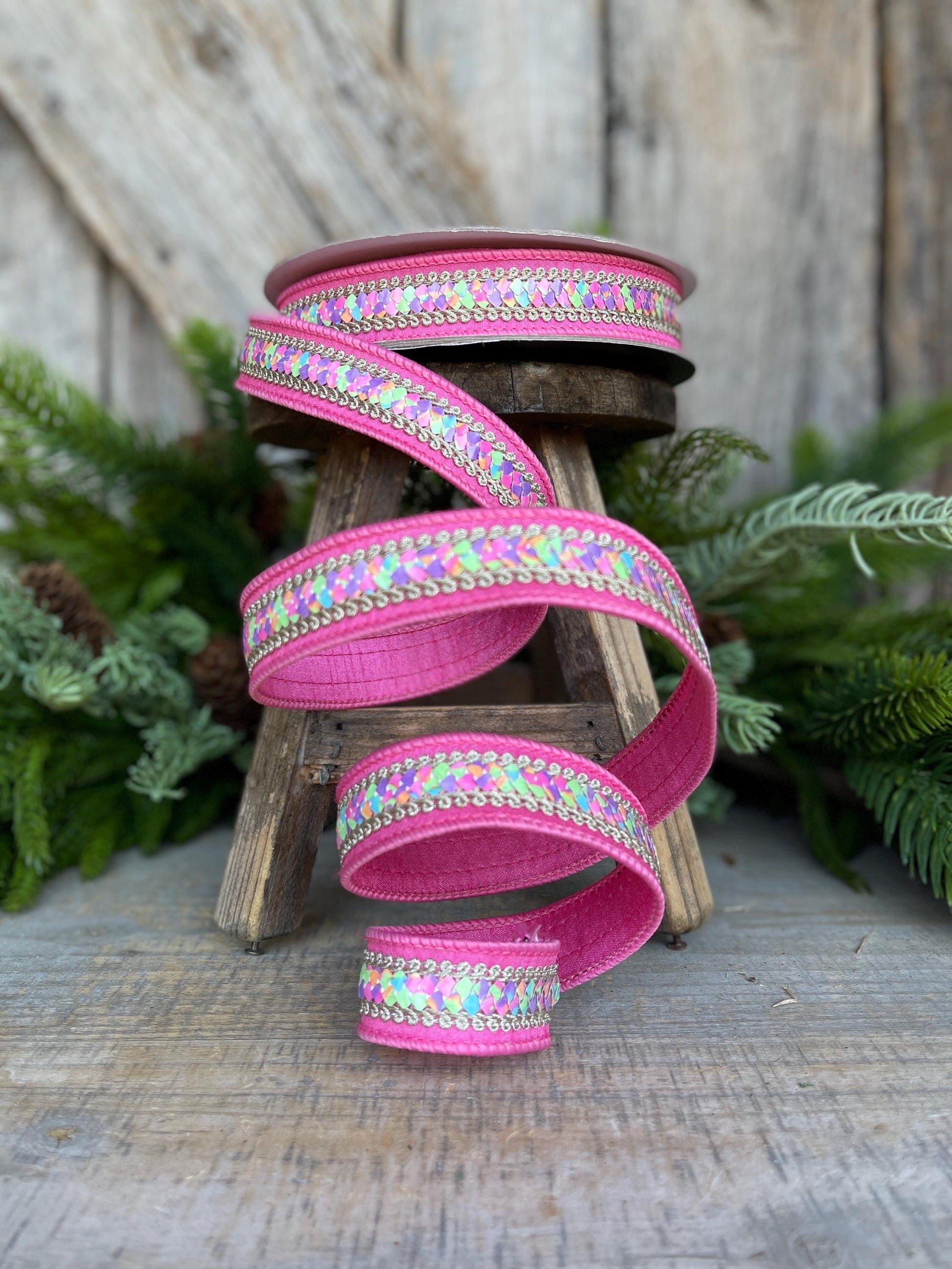 1" Pink Pastel Sequin Ribbon, Farrisilk Ribbon, Sequin RIbbon