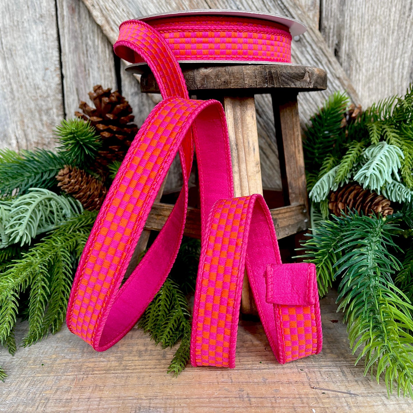 1" Hot Pink Orange Ribbon, Farrisilk Ribbon, Kitschy Checks Ribbon, Wired Ribbon, Pink Orange Christmas Ribbon, RK848-32