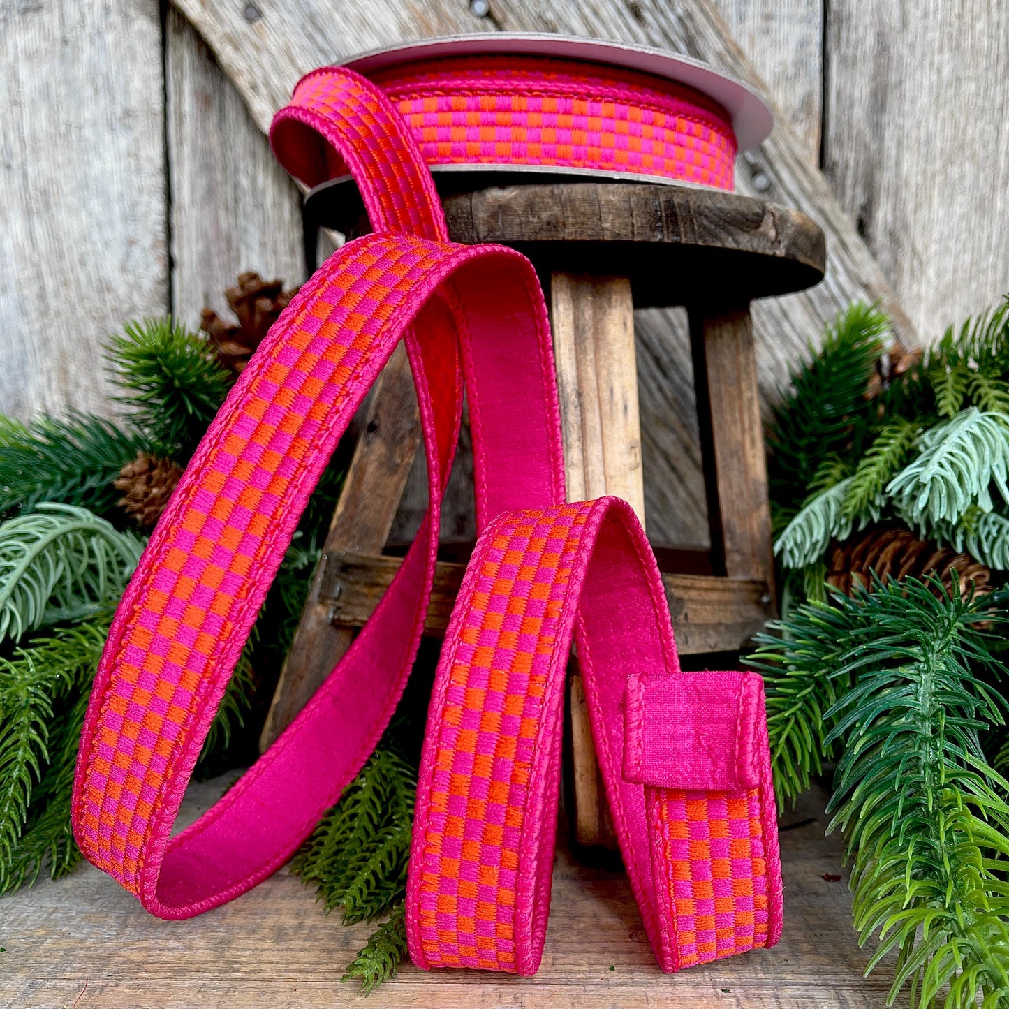 1" Hot Pink Orange Ribbon, Farrisilk Ribbon, Kitschy Checks Ribbon, Wired Ribbon, Pink Orange Christmas Ribbon, RK848-32