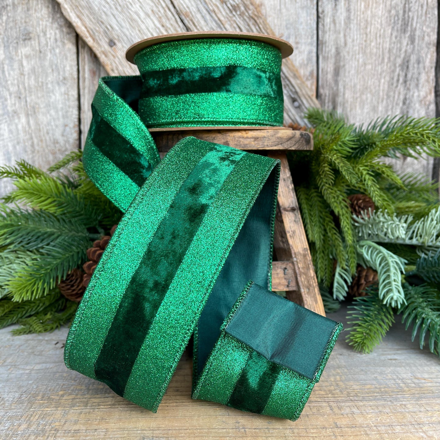 2.5" Emerald Green Velvet Ribbon, Vlevet Glitter Stripe Ribbon, Christmas Ribbon
