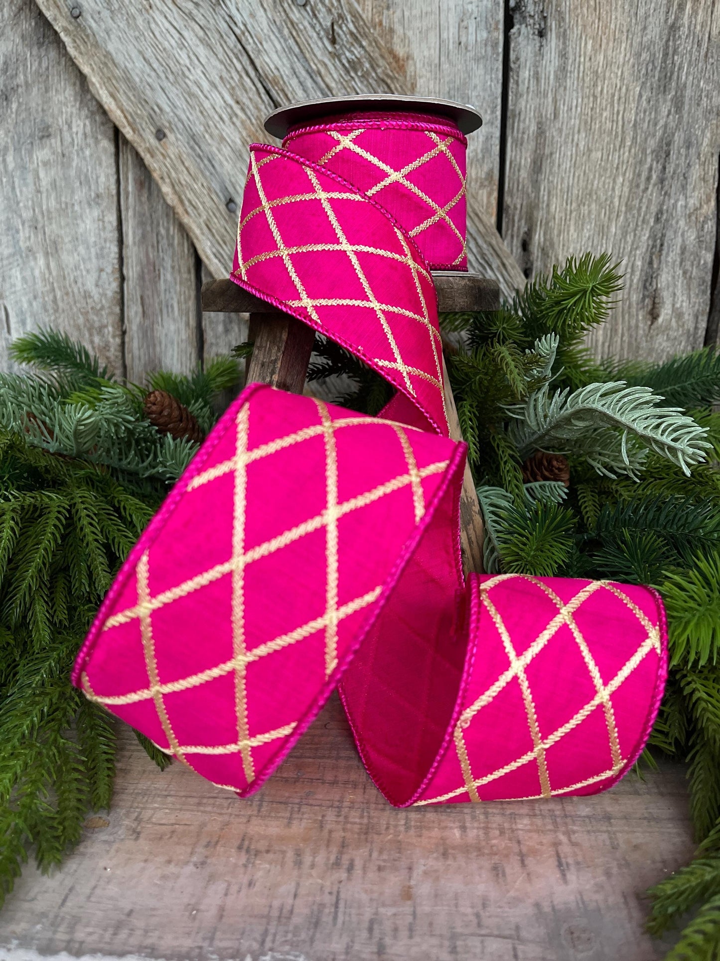 2.5" Hot Pink Gold Lattice Ribbon, Hot Pink Ribbon, Hot Pink Christmas Ribbon