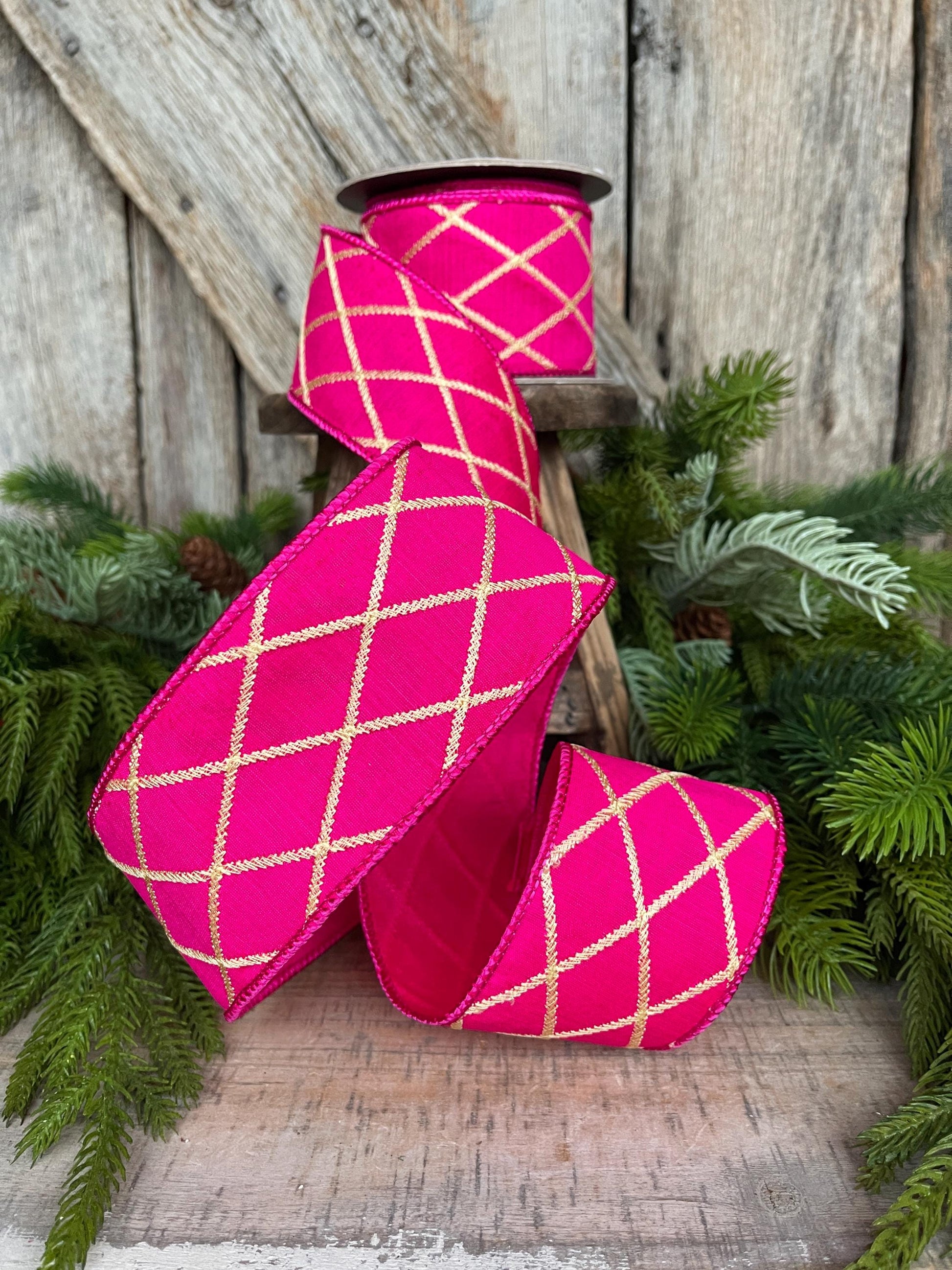 2.5" Hot Pink Gold Lattice Ribbon, Hot Pink Ribbon, Hot Pink Christmas Ribbon
