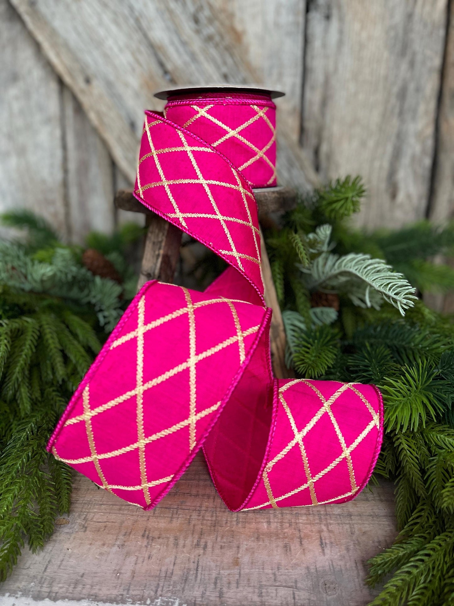 2.5" Hot Pink Gold Lattice Ribbon, Hot Pink Ribbon, Hot Pink Christmas Ribbon