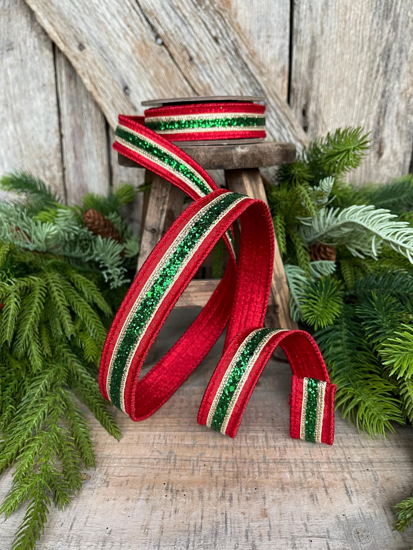 1" Red Green Gold Ribbon, Christmas ribbon, Green Red RIbbon, Emerald Green Ribbon, Christmas Ribbon, Designer RIbbon, 94288W-985-05D