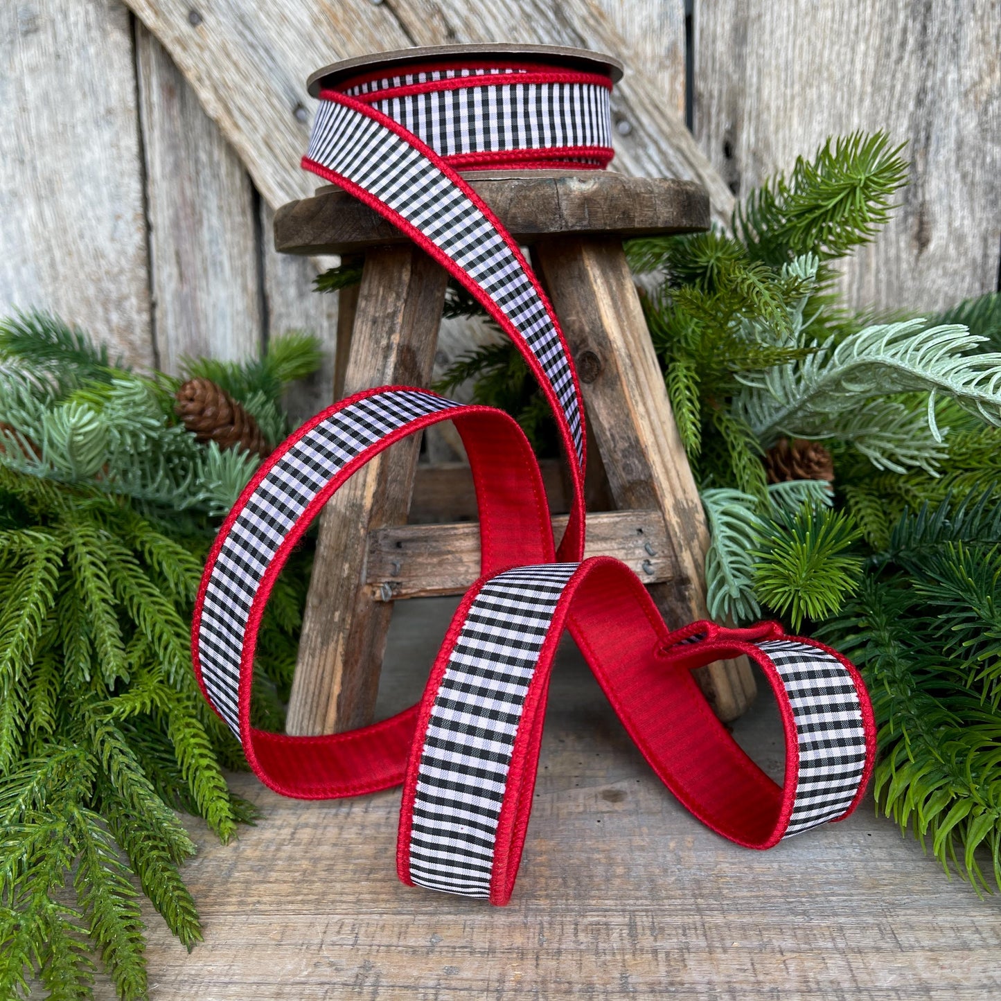 1" Red & Black White Mini Checkered Ribbon, D Stevens Ribbon, Check Ribbon, Narrow Ribbon, Designer RIbbon, Wreath Supply, 87-1641