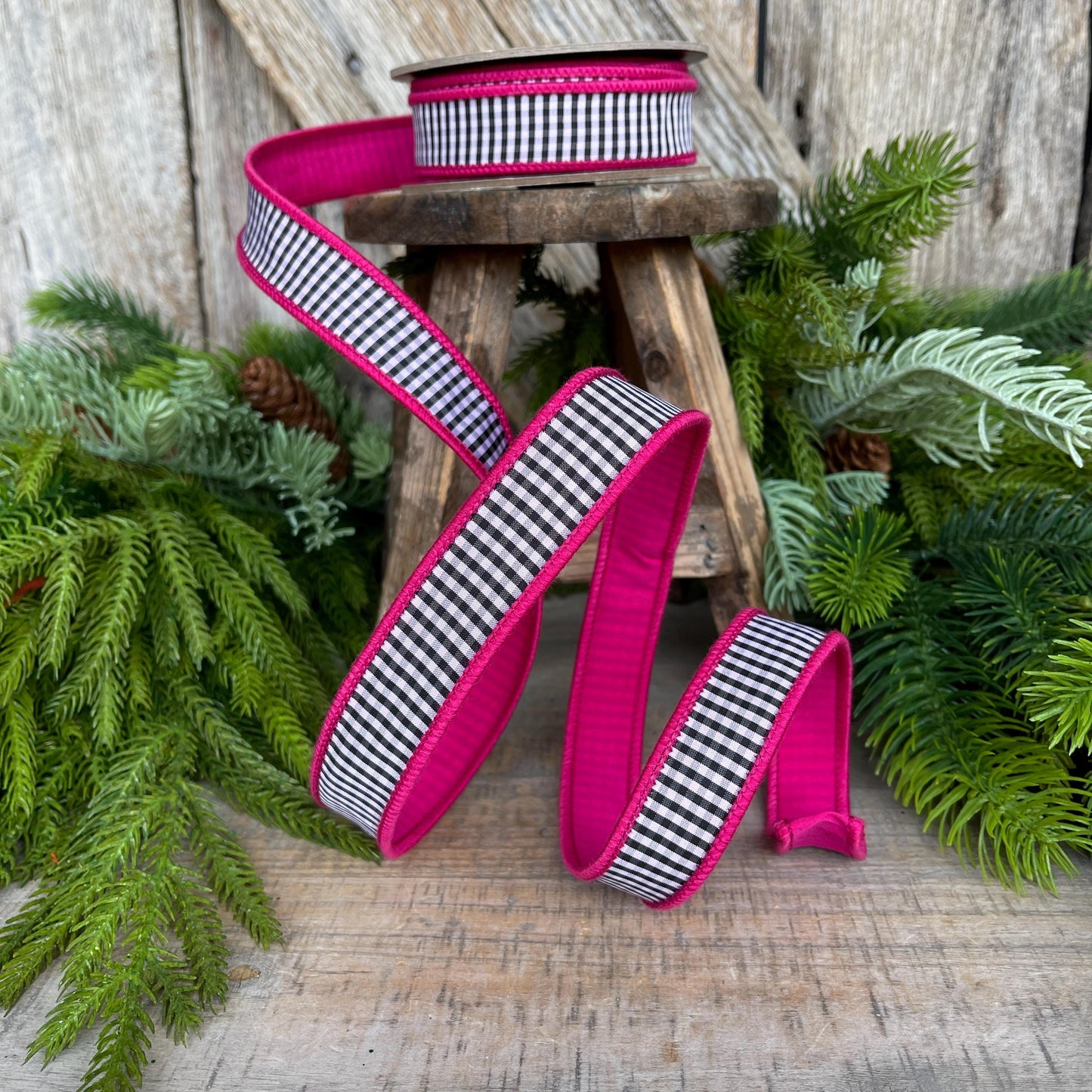 1" Hot Pink & Black White Mini Checkered Ribbon, D Stevens Ribbon, Check Ribbon, Narrow Ribbon, Designer RIbbon, Wreath Supply, 87-1643