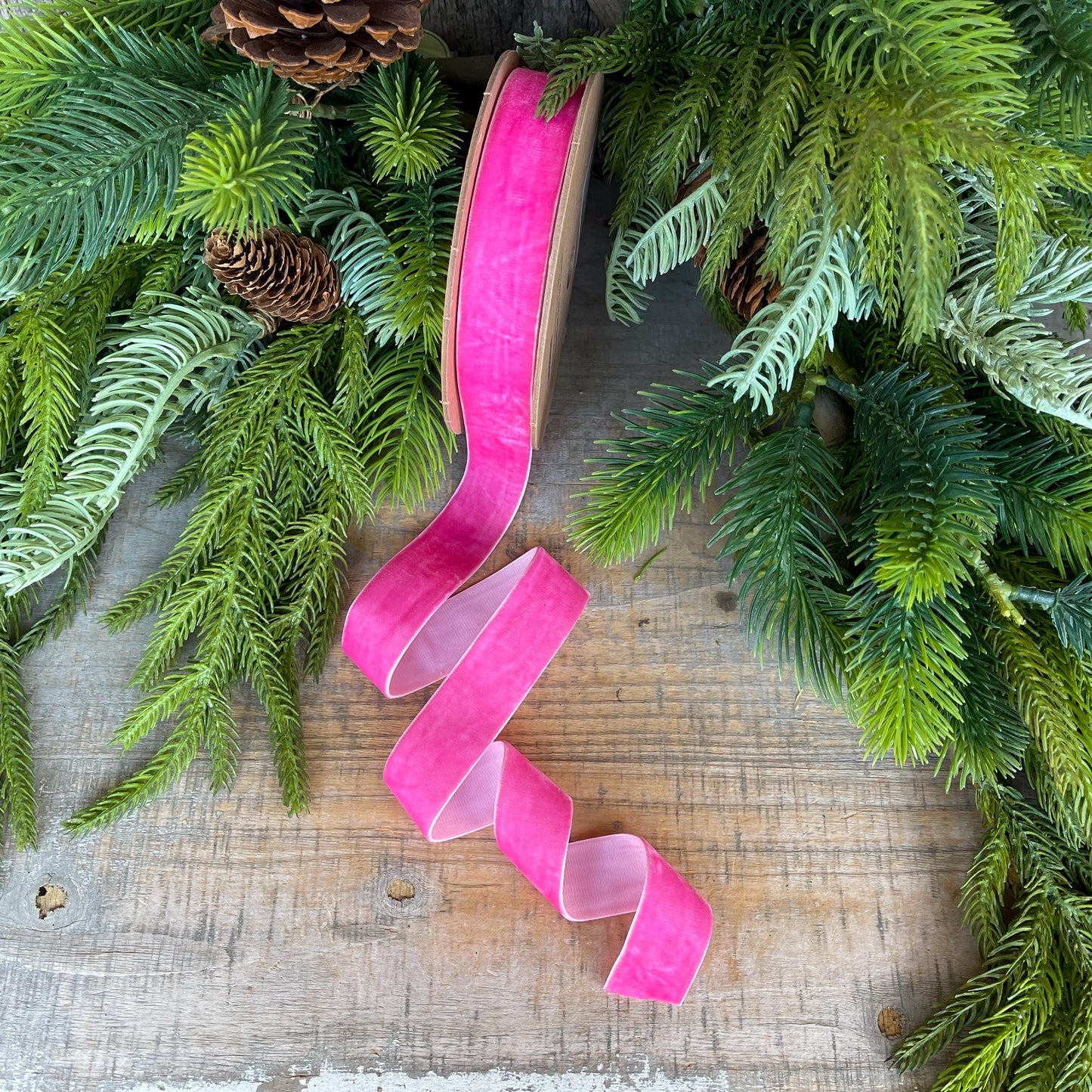 1" Hot Pink Unwired Velvet Ribbon, Christmas Bow Ribbon, Pink Velvet Ribbon, Christmas Tree Ribbon