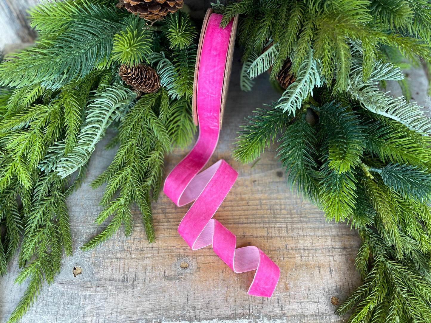 1" Hot Pink Unwired Velvet Ribbon, Christmas Bow Ribbon, Pink Velvet Ribbon, Christmas Tree Ribbon