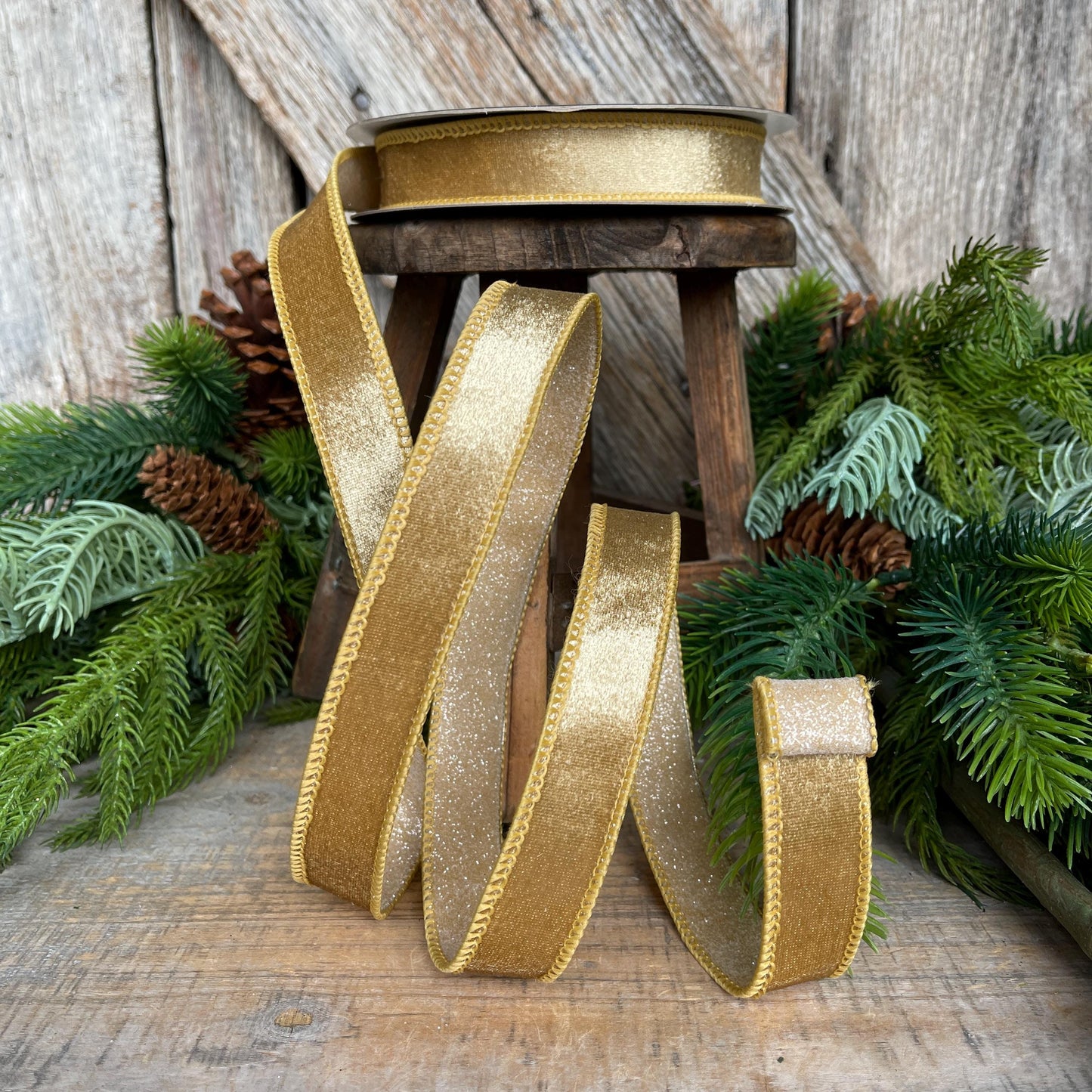 1" Gold Velvet Ribbon, Farrisilk Ribbon, Gold Ribbon, Christmas Ribbon, Plush Stardust ribbon, Designer Ribbon, RS206-50