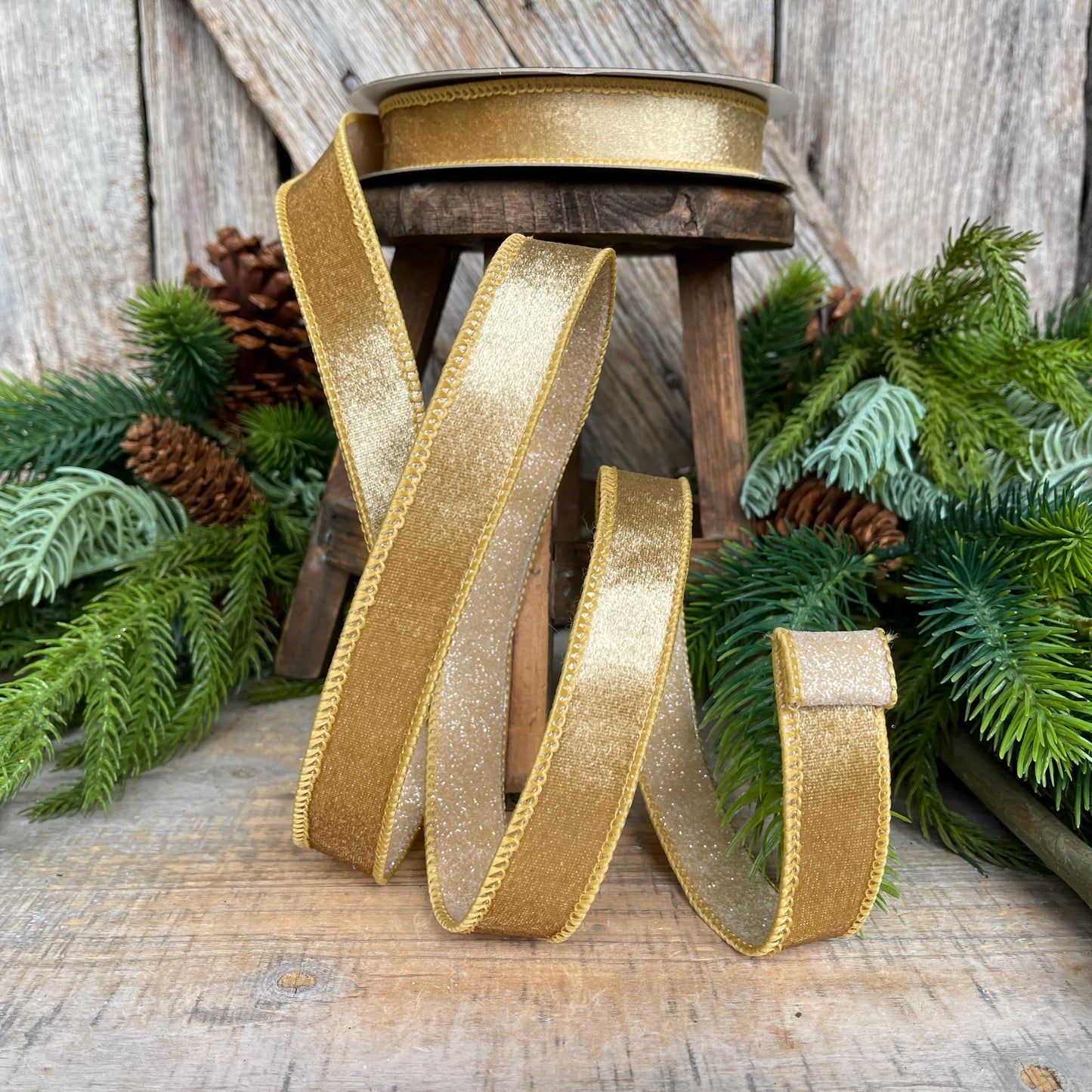 1" Gold Velvet Ribbon, Farrisilk Ribbon, Gold Ribbon, Christmas Ribbon, Plush Stardust ribbon, Designer Ribbon, RS206-50