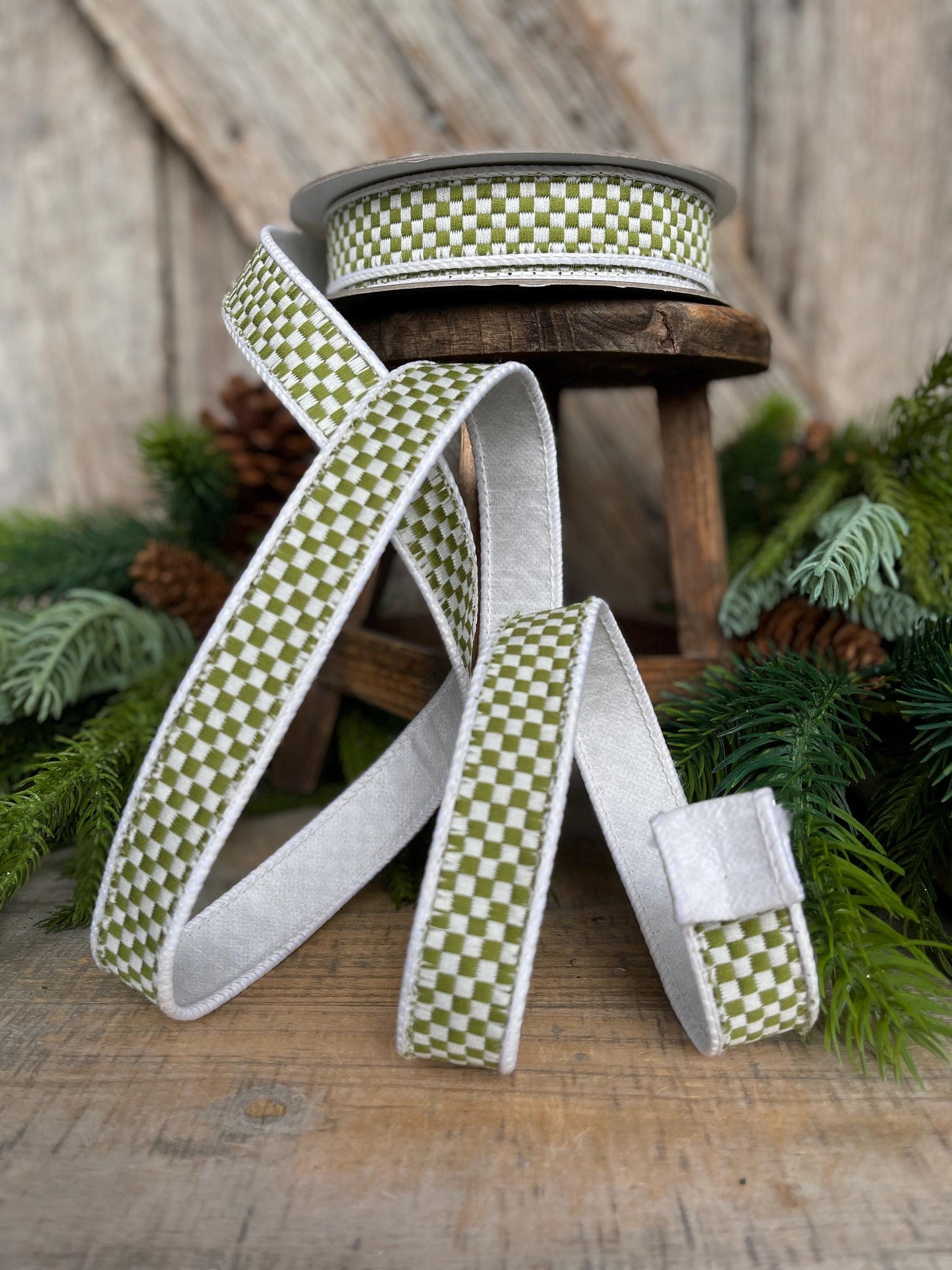 1" Moss Green Check Ribbon, Farrisilk Ribbon, Olive Green Check Ribbon, Kitschy Checks, Christmas Ribbon, Fall Ribbon, RK848-76
