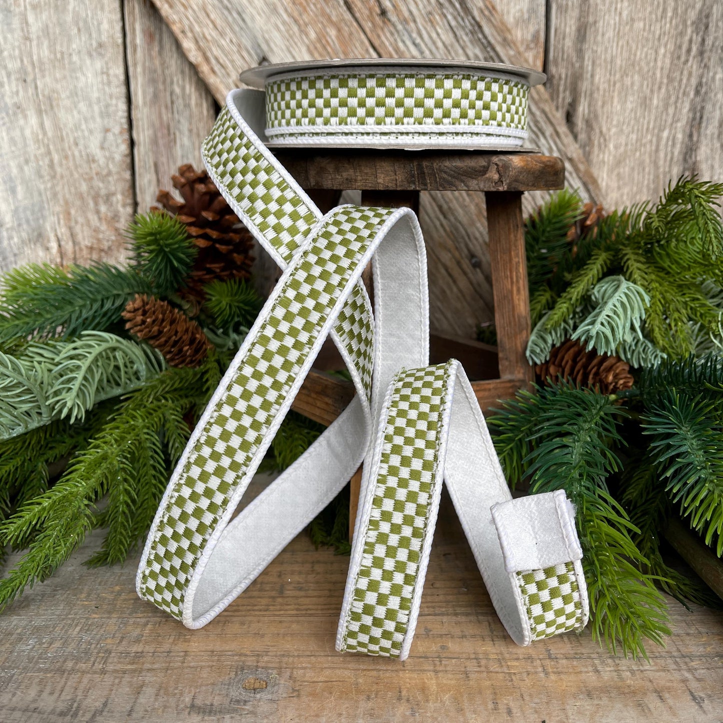 1" Moss Green Check Ribbon, Farrisilk Ribbon, Olive Green Check Ribbon, Kitschy Checks, Christmas Ribbon, Fall Ribbon, RK848-76