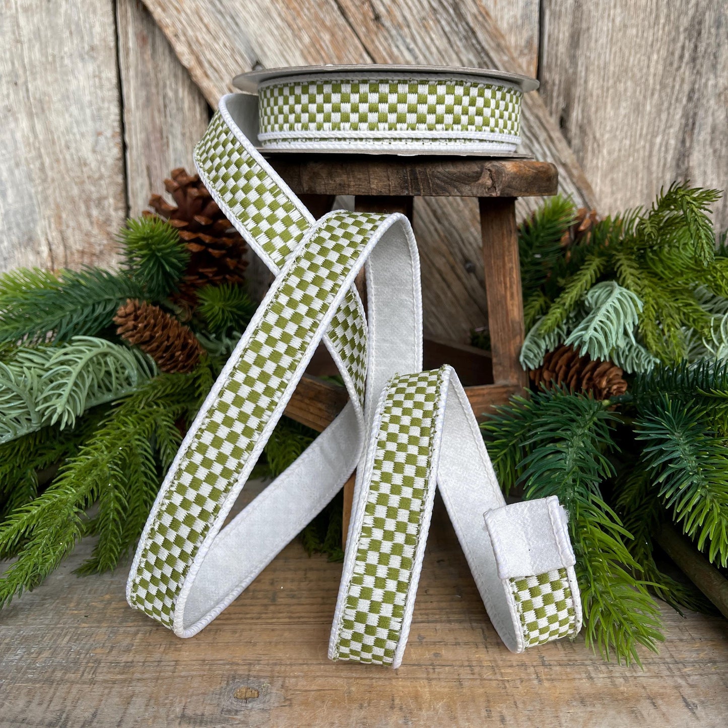 1" Moss Green Check Ribbon, Farrisilk Ribbon, Olive Green Check Ribbon, Kitschy Checks, Christmas Ribbon, Fall Ribbon, RK848-76