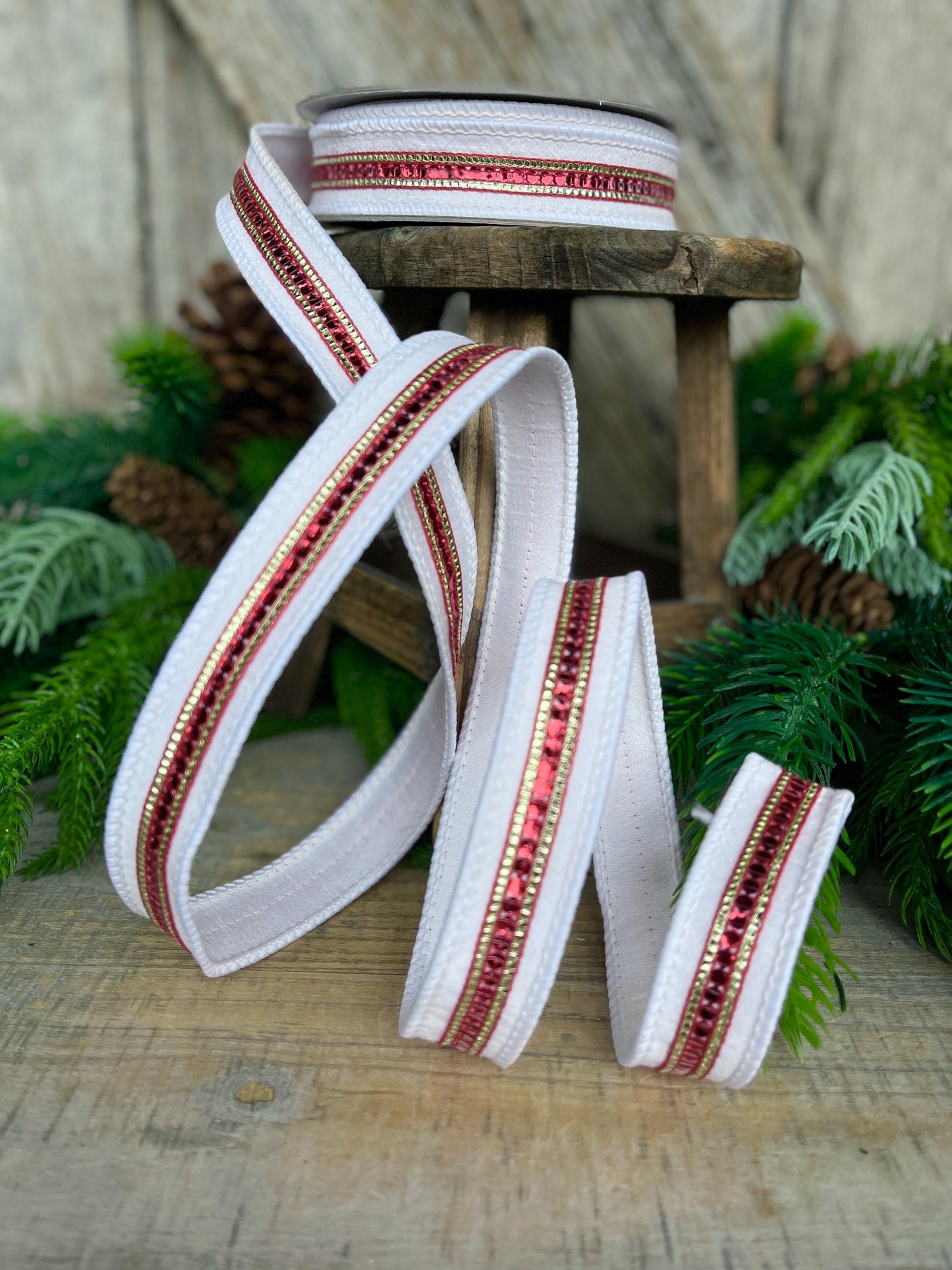 1" Red White Twinkle Trim Ribbon, Farrisilk ribbon, Red Jeweled RIbbon, White & Red Ribbon, Red Christmas Ribbon, Designer RIbbon, RK756-01