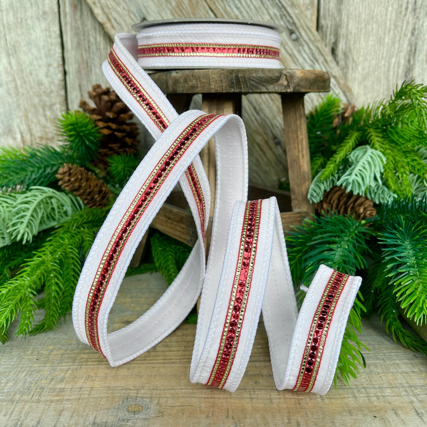 1" Red White Twinkle Trim Ribbon, Farrisilk ribbon, Red Jeweled RIbbon, White & Red Ribbon, Red Christmas Ribbon, Designer RIbbon, RK756-01