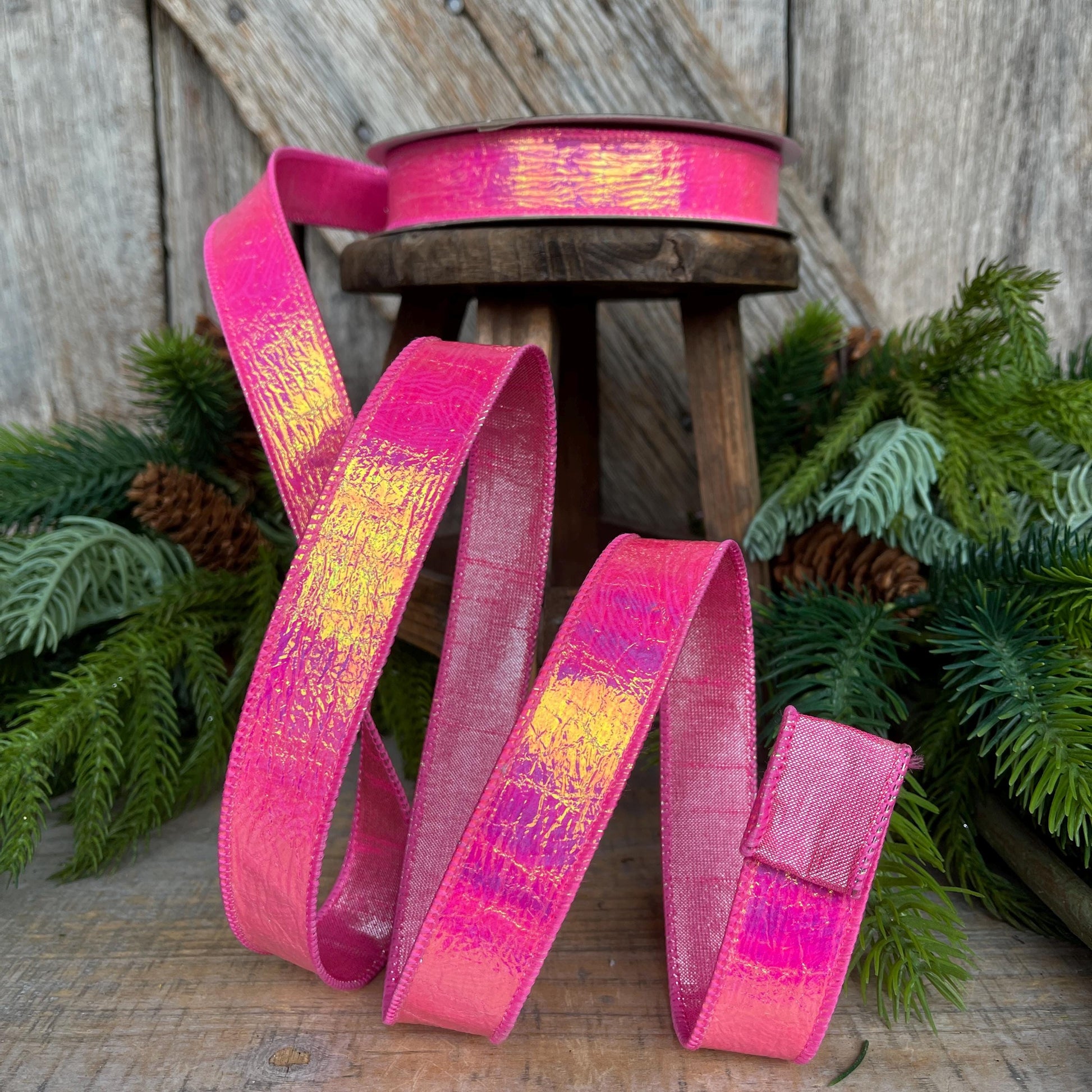 1" Hot Pink Iridescent Ribbon, Farrisilk Ribbon, Bubble Gum Pink Electric Ribbon