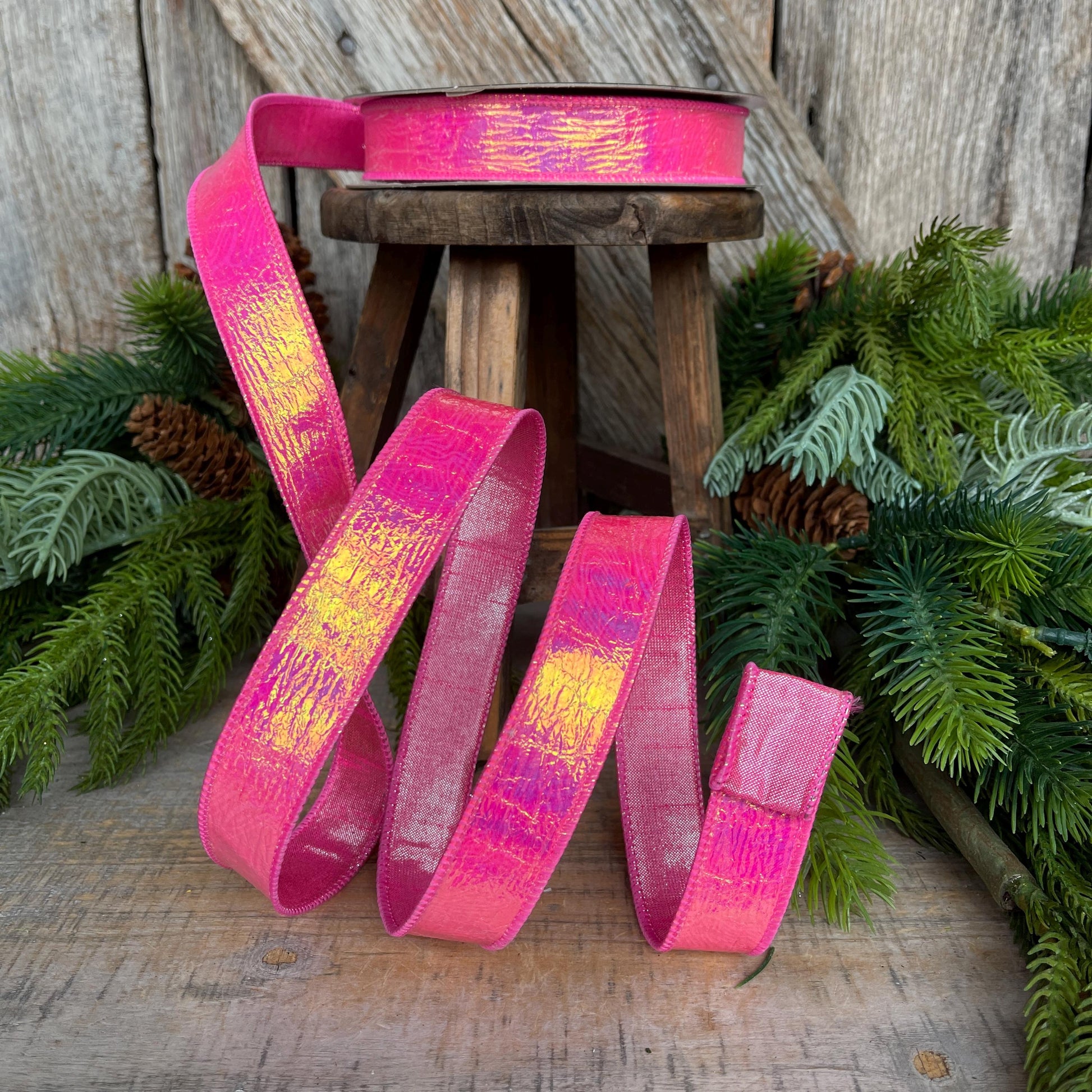 1" Hot Pink Iridescent Ribbon, Farrisilk Ribbon, Bubble Gum Pink Electric Ribbon