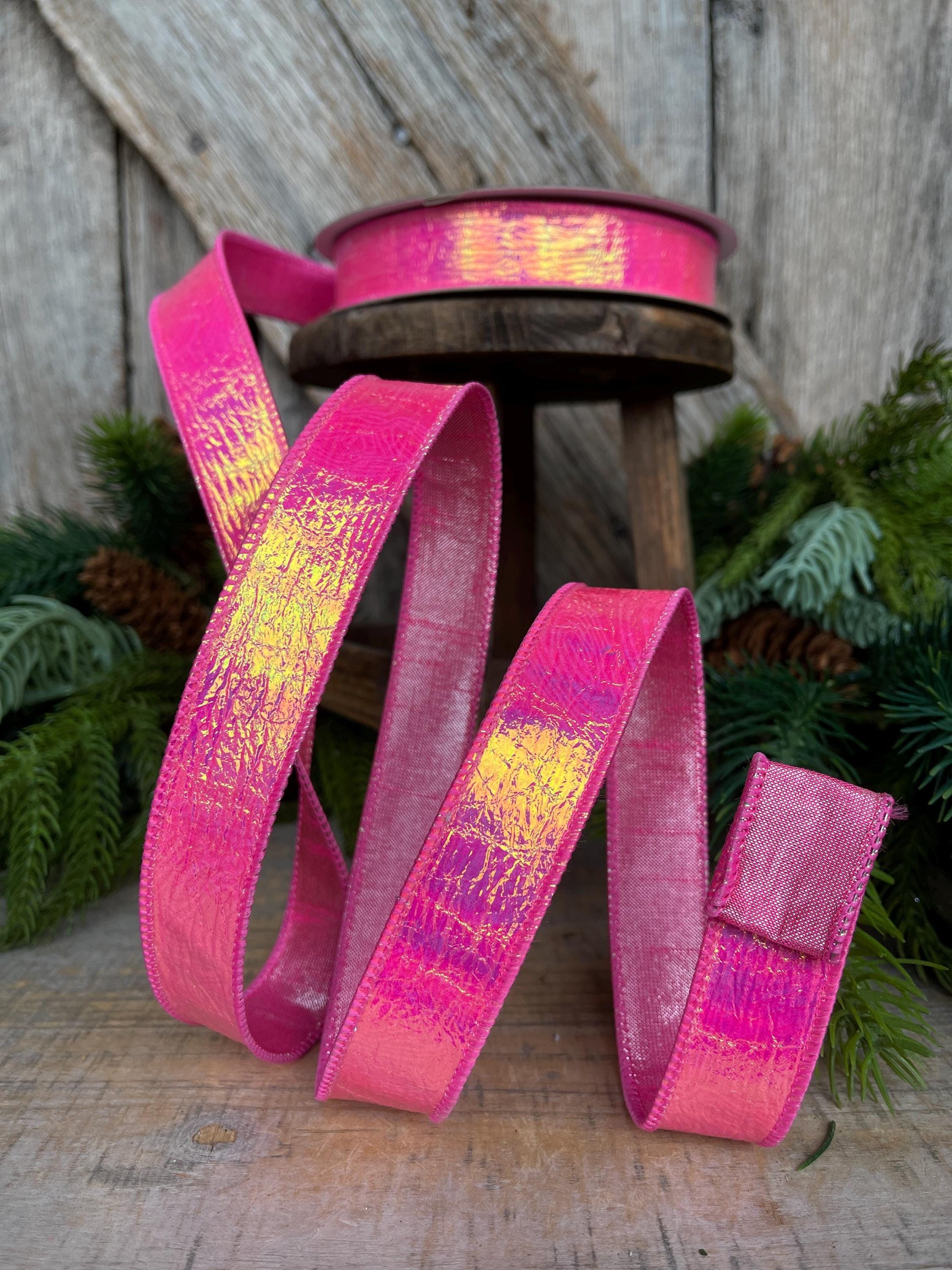1" Hot Pink Iridescent Ribbon, Farrisilk Ribbon, Bubble Gum Pink Electric Ribbon