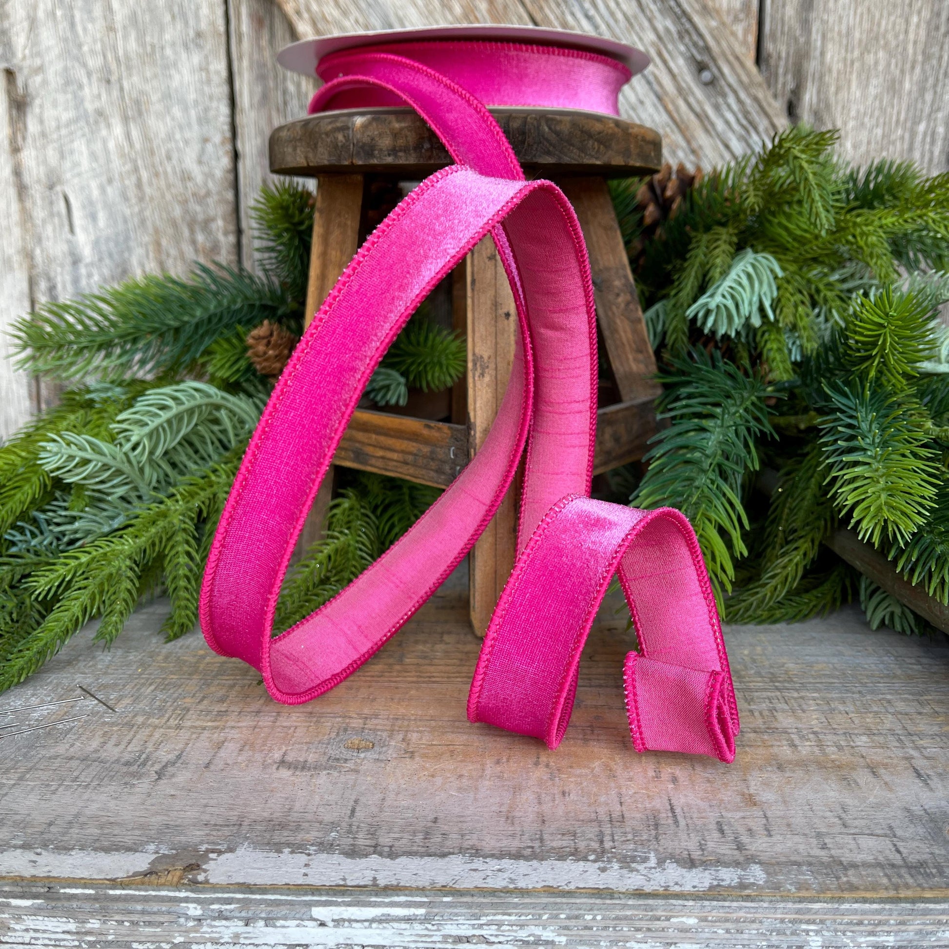 1" Bubblegum Pink Velveteen Ribbon, Farrisilk Ribbon, Pink Velvet Ribbon