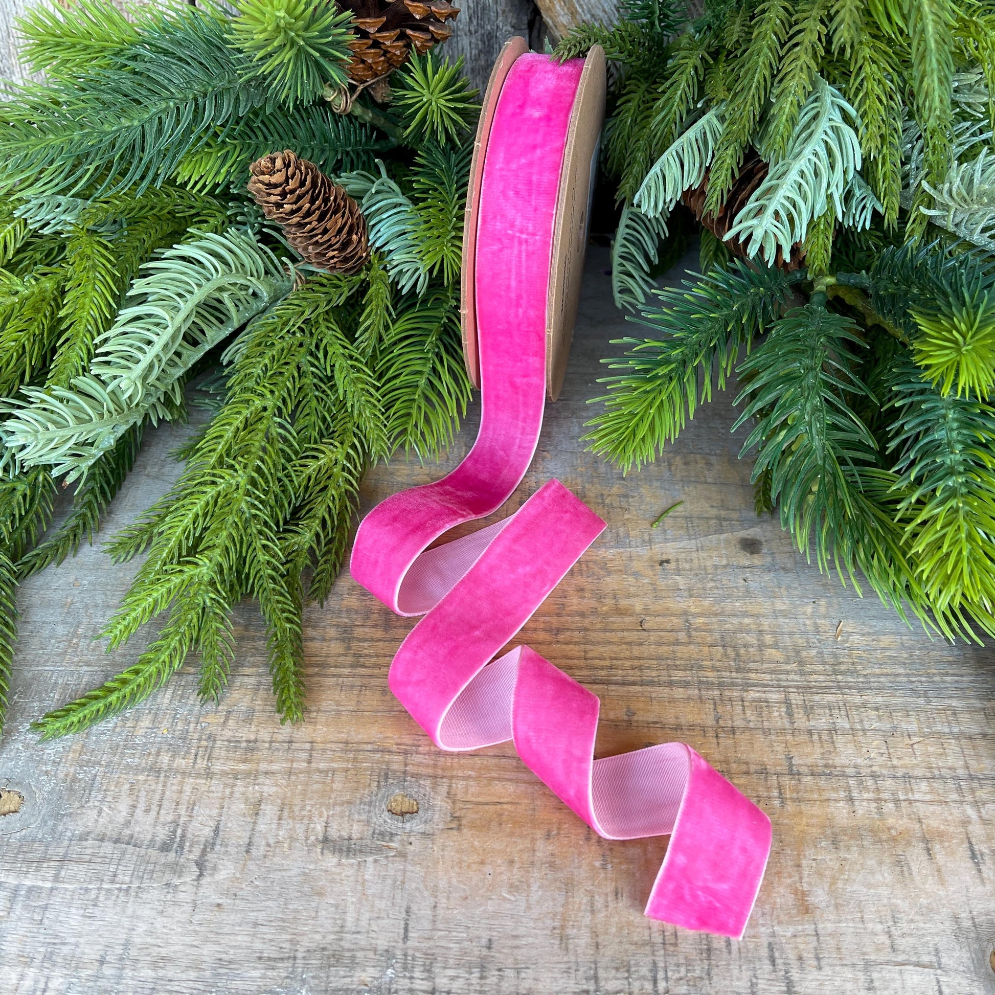 1" Hot Pink Unwired Velvet Ribbon, Christmas Bow Ribbon, Pink Velvet Ribbon