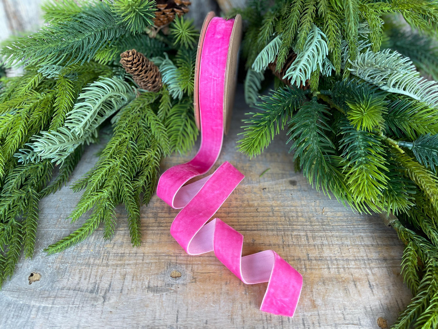 1" Hot Pink Unwired Velvet Ribbon, Christmas Bow Ribbon, Pink Velvet Ribbon