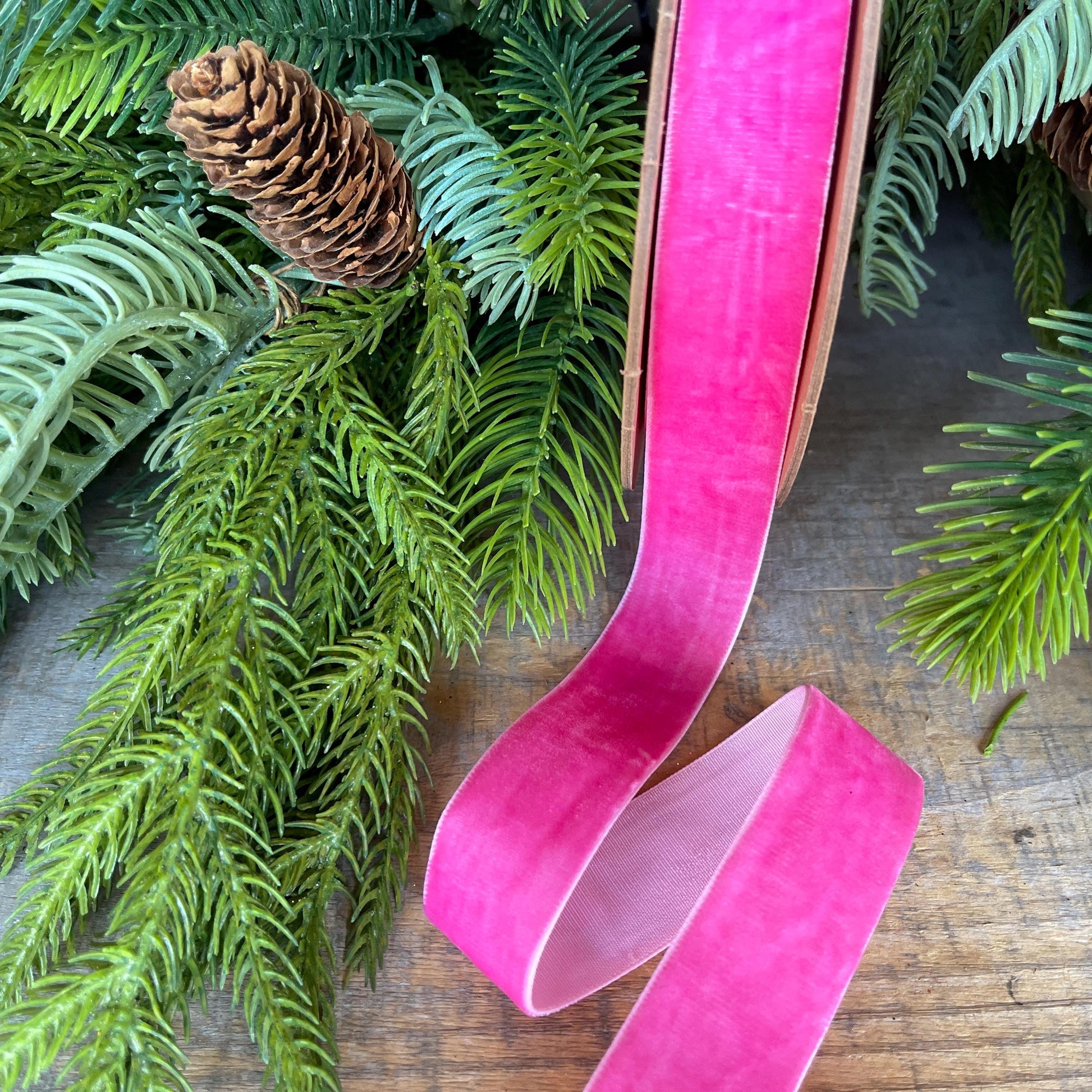 1" Hot Pink Unwired Velvet Ribbon, Christmas Bow Ribbon, Pink Velvet Ribbon