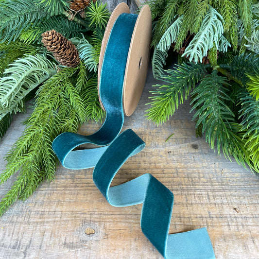 1" Teal Unwired Velvet Ribbon, Christmas Bow Ribbon, Peacock Velvet Ribbon