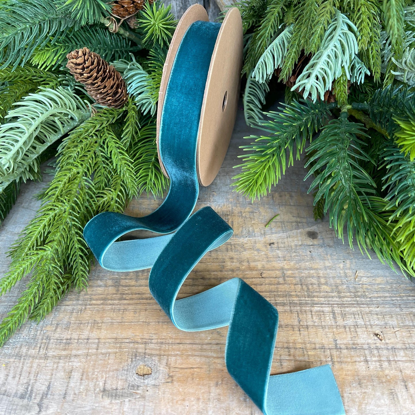 1" Teal Unwired Velvet Ribbon, Christmas Bow Ribbon, Peacock Velvet Ribbon, Christmas Tree Ribbon