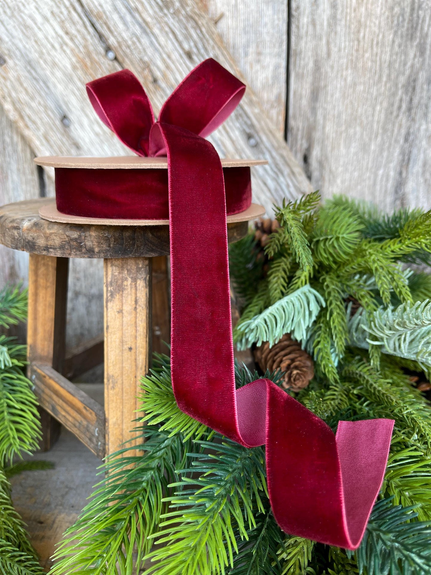 1" Burgundy Unwired Velvet Ribbon, Christmas Bow Ribbon, Maroon Velvet Ribbon, Christmas Tree Ribbon