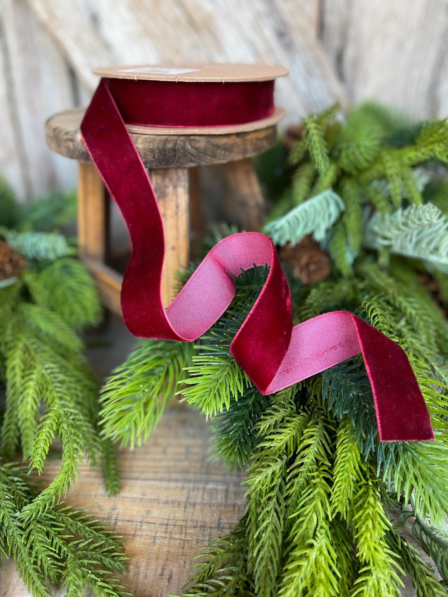 1" Burgundy Unwired Velvet Ribbon, Christmas Bow Ribbon, Maroon Velvet Ribbon