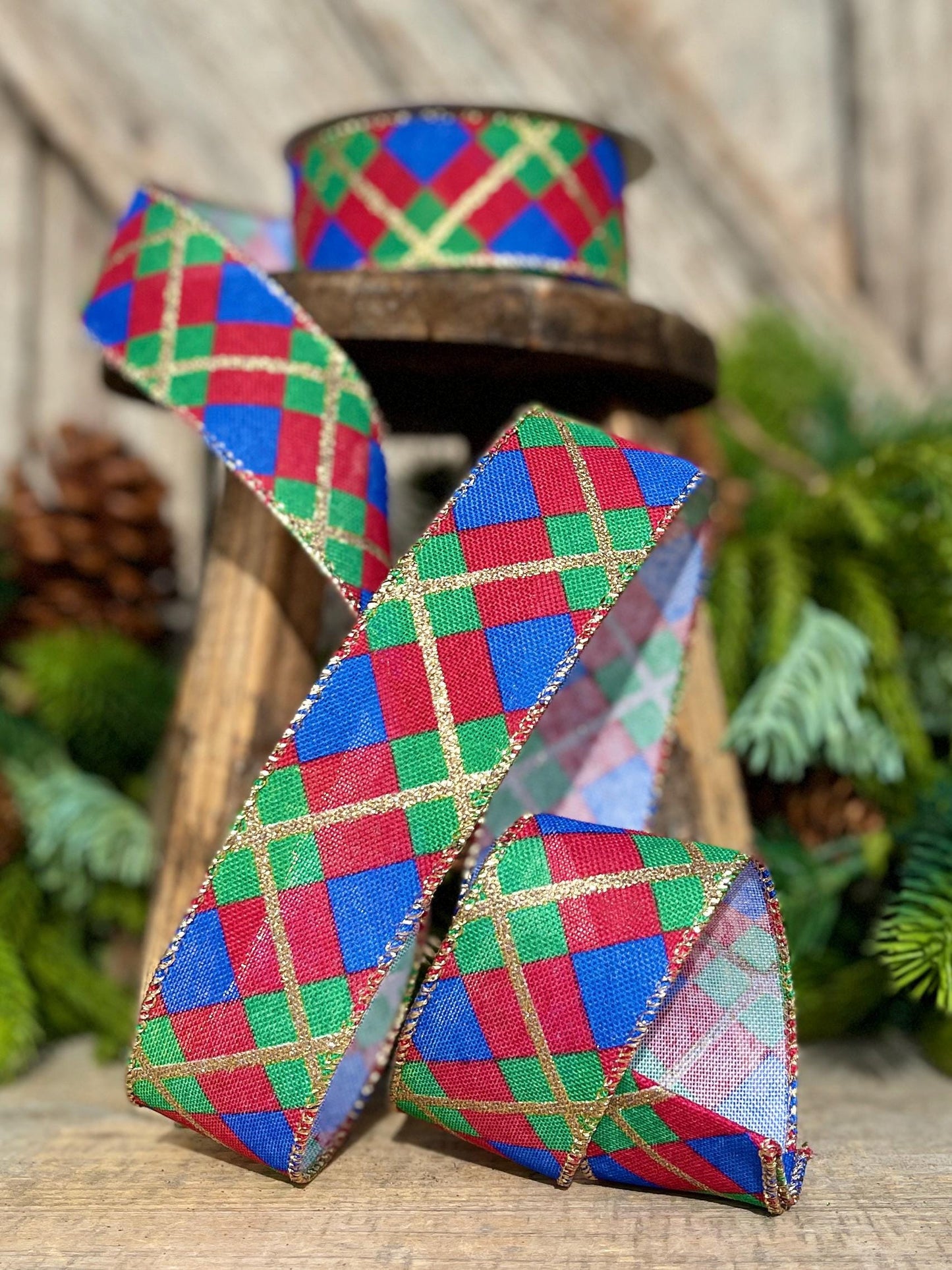 1.5" Blue Christmas Plaid Ribbon, Red Blue Green Gold Georgina Plaid Ribbon, Christmas plaid Ribbon, Christmas Tree Ribbon