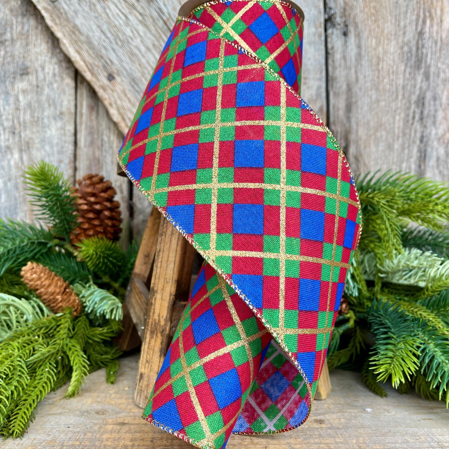 4" Blue Christmas Plaid Ribbon, Red Blue Green Gold Georgina Plaid Ribbon, Christmas plaid Ribbon