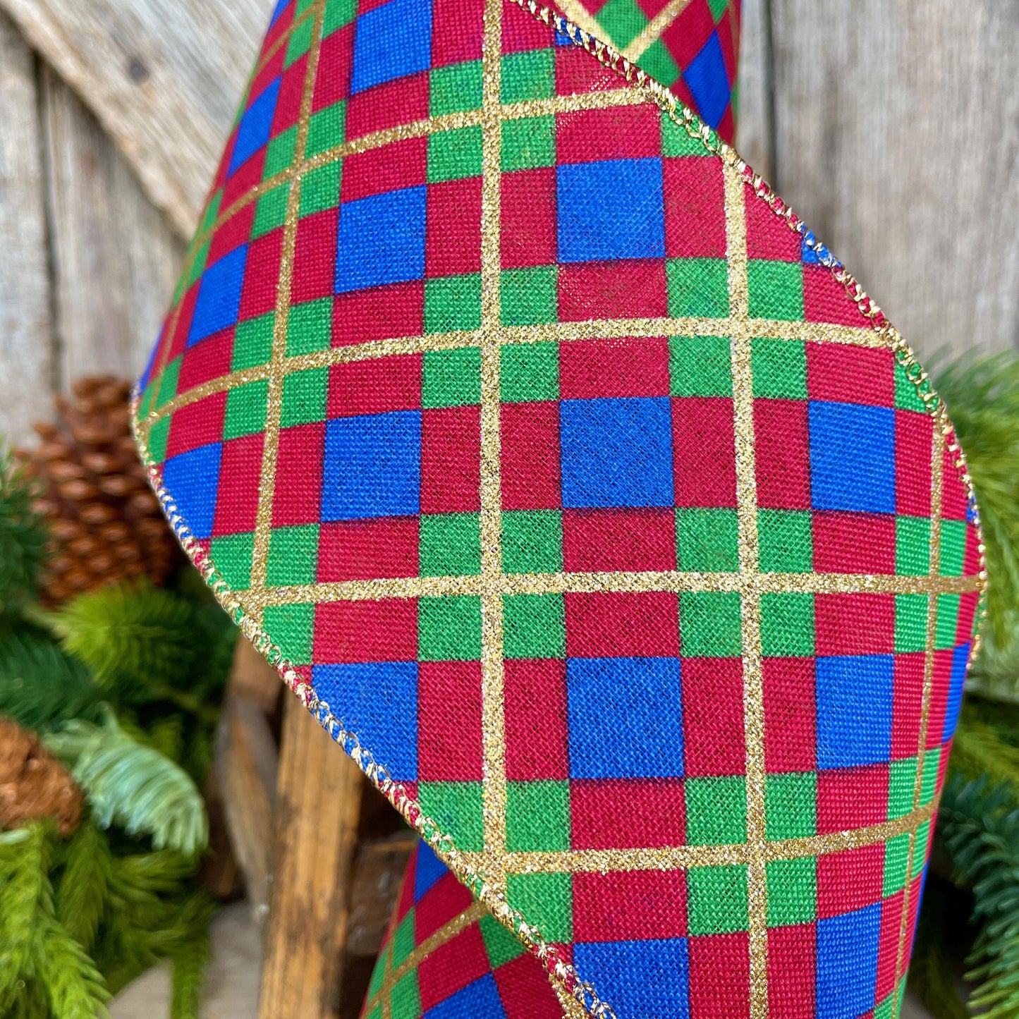 4" Blue Christmas Plaid Ribbon, Red Blue Green Gold Georgina Plaid Ribbon, Christmas plaid Ribbon