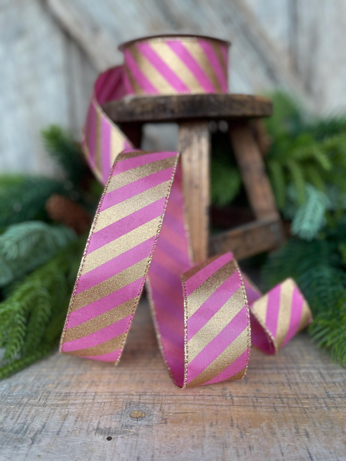 1.5" Pink Gold Ribbon, Pink & Gold Diagonal Stripe Ribbon, CHristmas Ribbon, Pink Ribbon, Metallic Gold, Christmas Tree Ribbon, Gift Wrap
