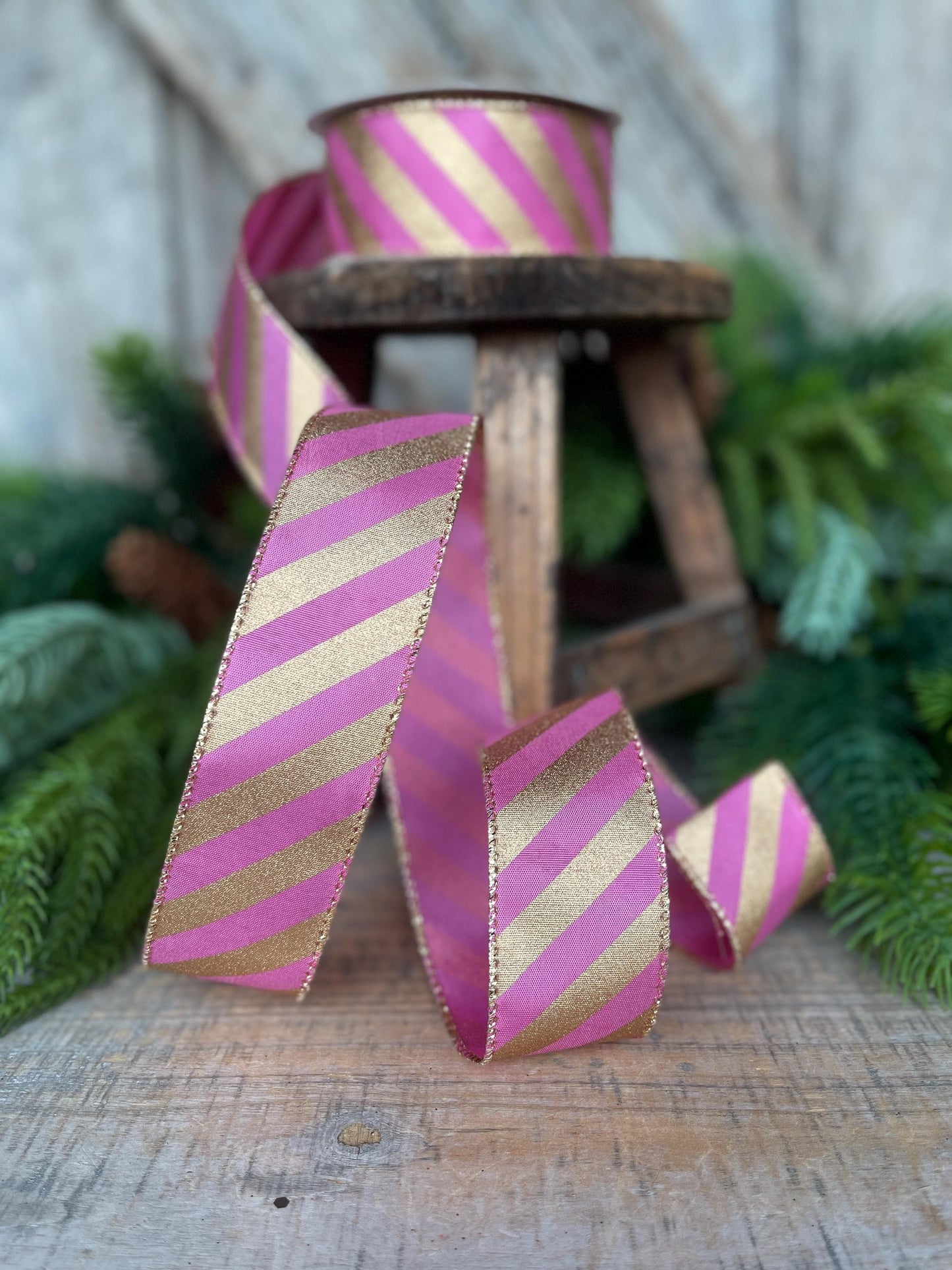 1.5" Pink Gold Ribbon, Pink & Gold Diagonal Stripe Ribbon, CHristmas Ribbon, Pink Ribbon, Metallic Gold, Christmas Tree Ribbon, Gift Wrap