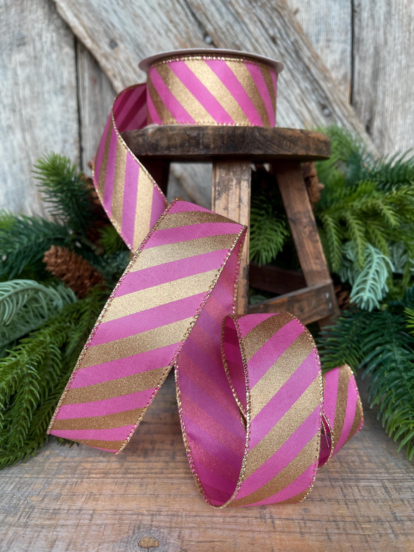 1.5" Pink Gold Ribbon, Pink & Gold Diagonal Stripe Ribbon, CHristmas Ribbon, Pink Ribbon, Metallic Gold, Christmas Tree Ribbon, Gift Wrap