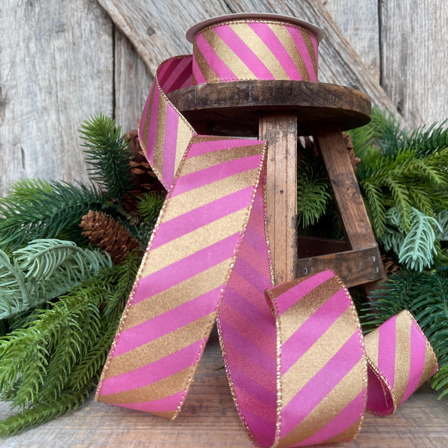 1.5" Pink Gold Ribbon, Pink & Gold Diagonal Stripe Ribbon, CHristmas Ribbon, Pink Ribbon, Metallic Gold, Christmas Tree Ribbon, Gift Wrap