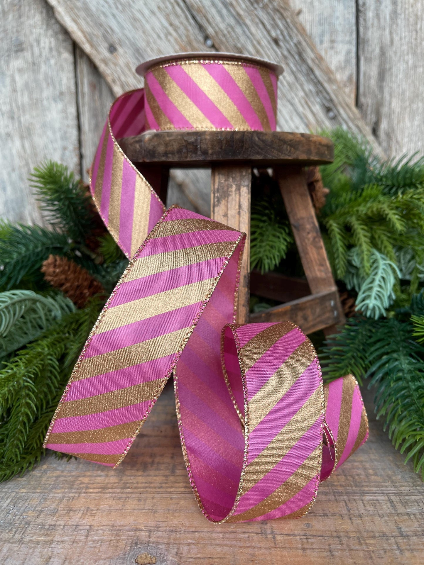 1.5" Pink Gold Ribbon, Pink & Gold Diagonal Stripe Ribbon, CHristmas Ribbon, Pink Ribbon, Metallic Gold, Christmas Tree Ribbon, Gift Wrap