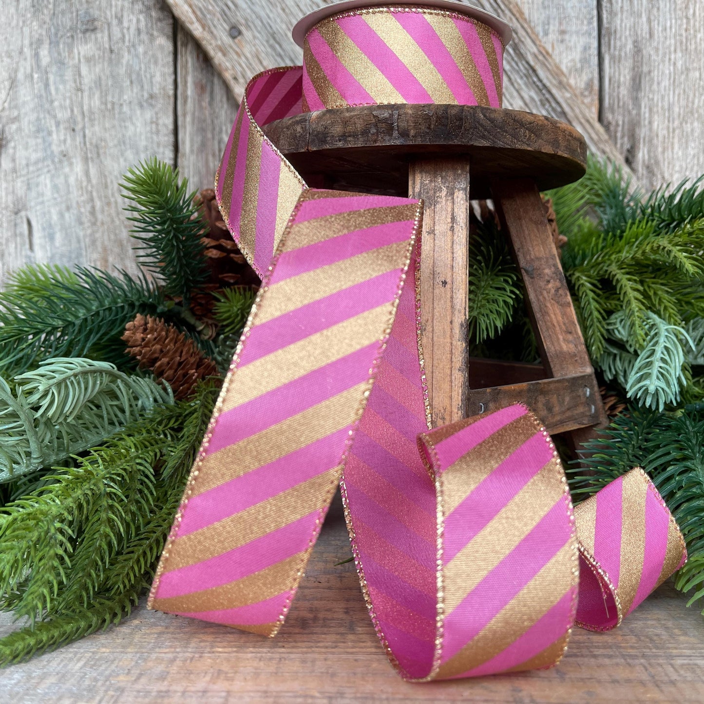 1.5" Pink Gold Ribbon, Pink & Gold Diagonal Stripe Ribbon, CHristmas Ribbon, Pink Ribbon, Metallic Gold, Christmas Tree Ribbon, Gift Wrap