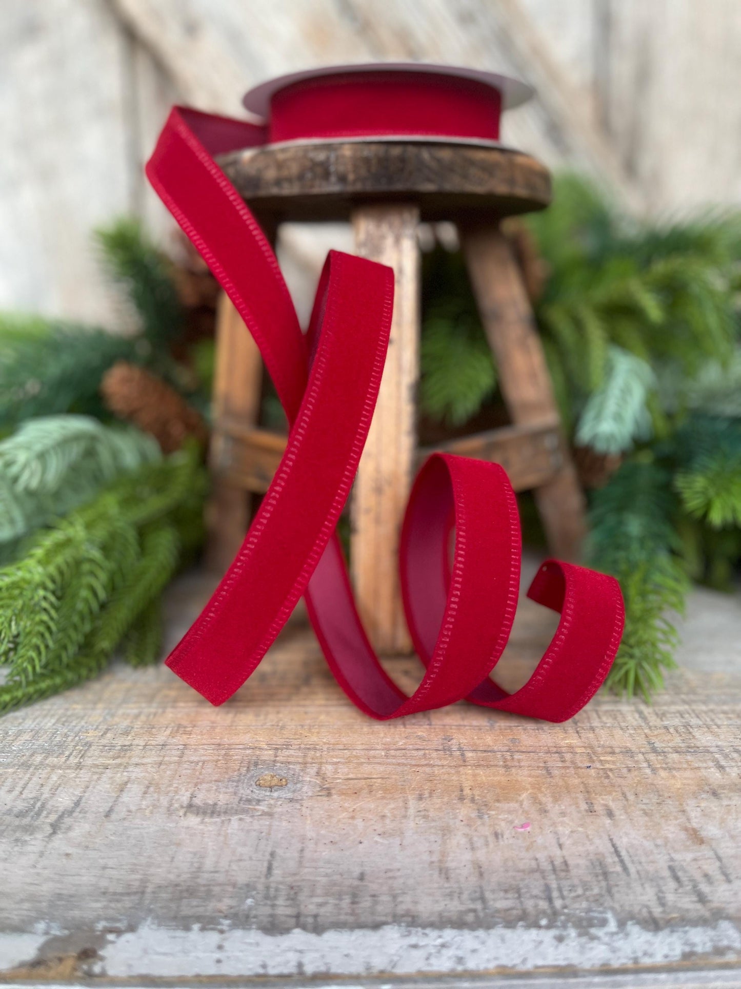 7/8" Red Velvet Ribbon, Deep Red Ribbon, Flocked Ribbon, Narrow Ribbon, Christmas Ribbon, Gift Wrap Ribbon