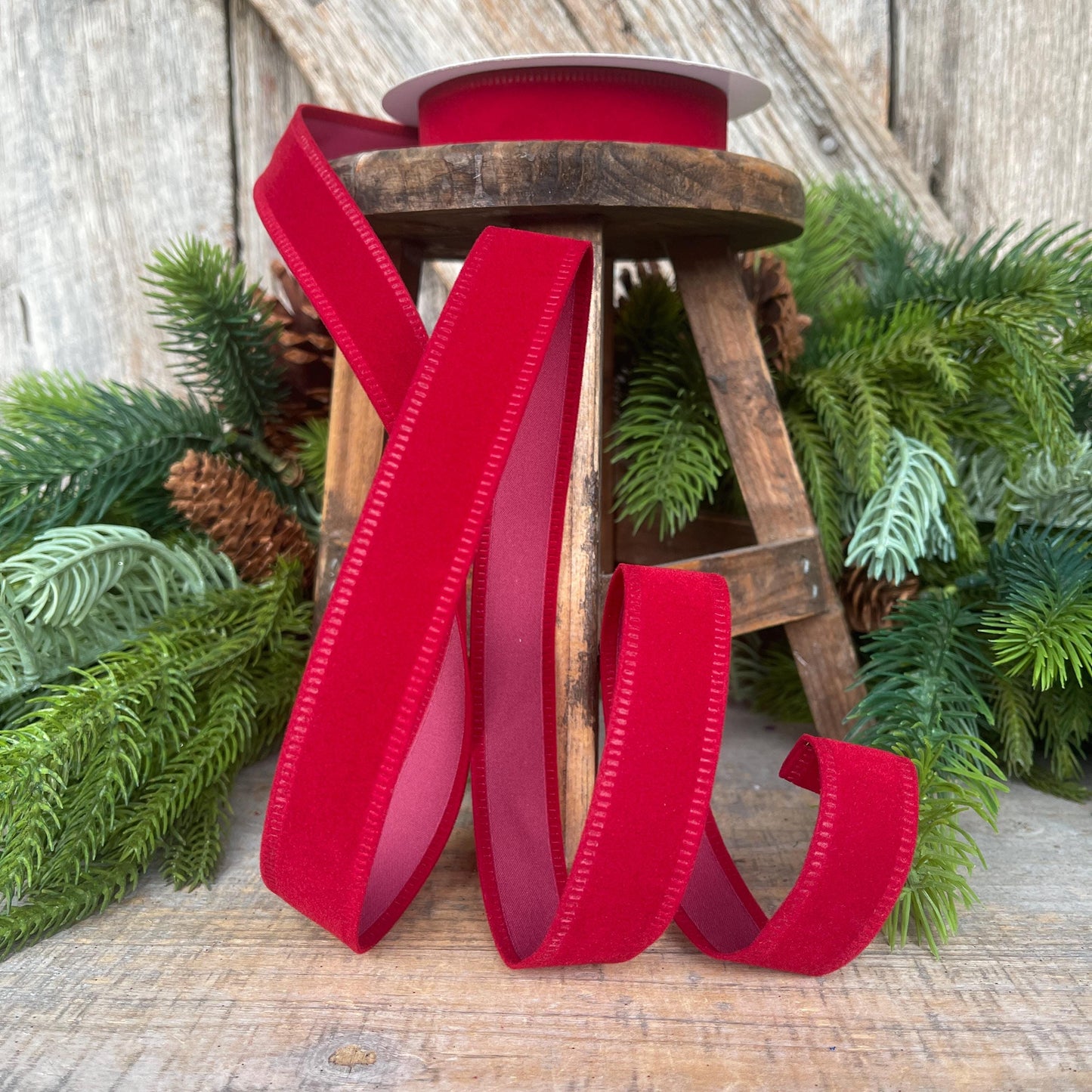 7/8" Red Velvet Ribbon, Deep Red Ribbon, Flocked Ribbon, Narrow Ribbon, Christmas Ribbon, Gift Wrap Ribbon