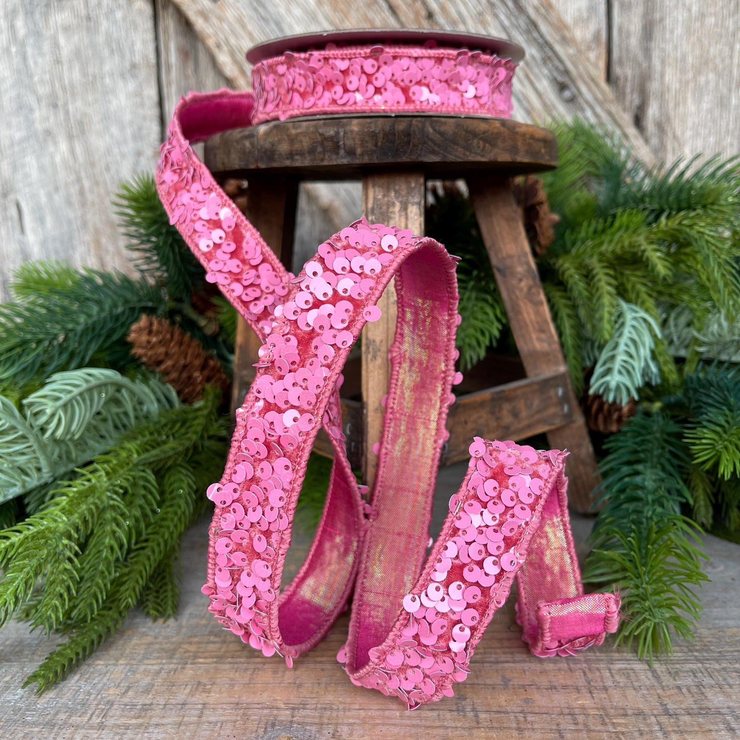 1" Pink Sequin Ribbon, Farrisilk Ribbon, Pink Jolly Sequin Ribbon, Pink Christmas Ribbon, Bubblegum Pink, RS178-14
