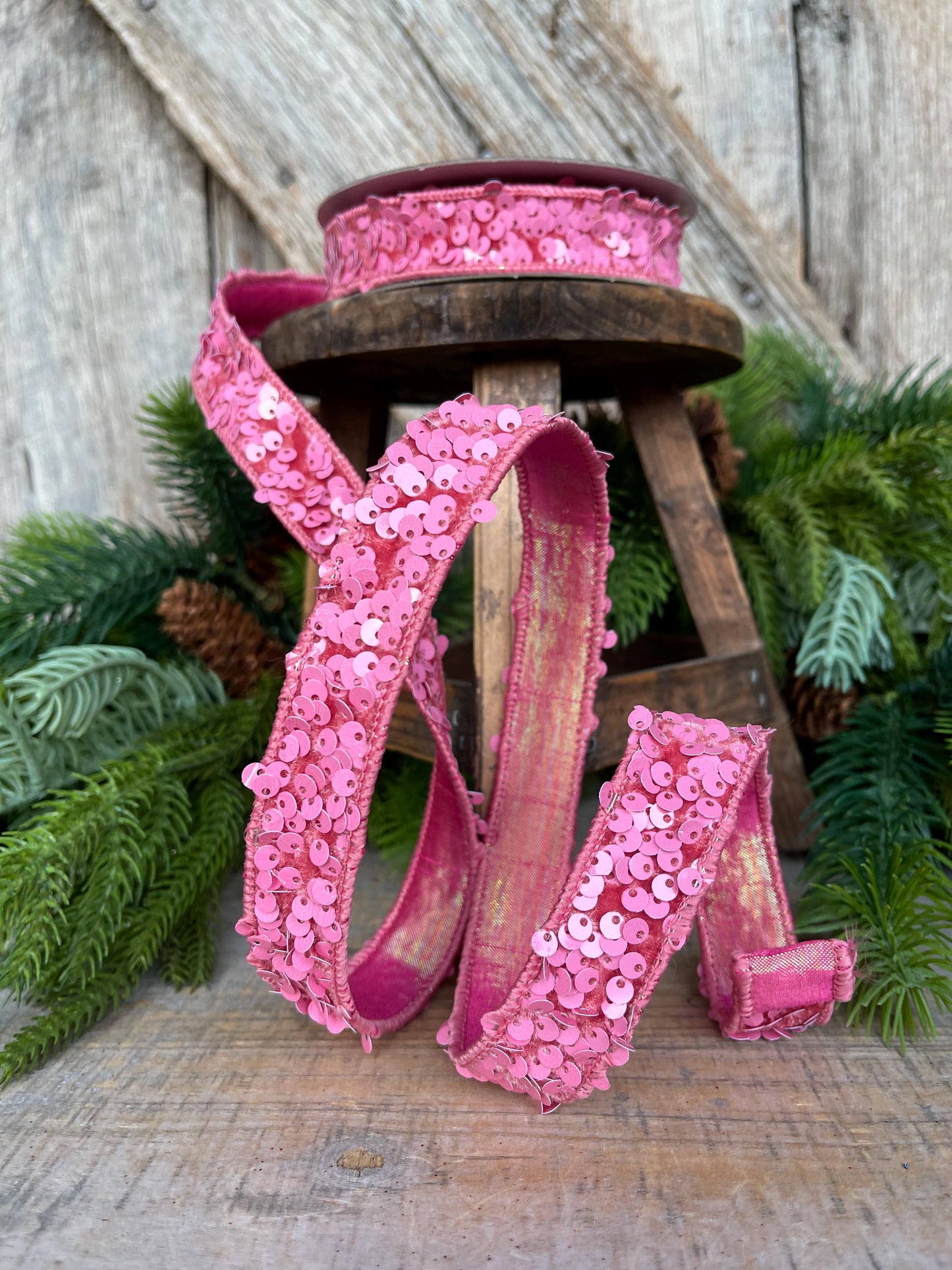 1" Pink Sequin Ribbon, Farrisilk Ribbon, Pink Jolly Sequin Ribbon, Pink Christmas Ribbon, Bubblegum Pink, RS178-14