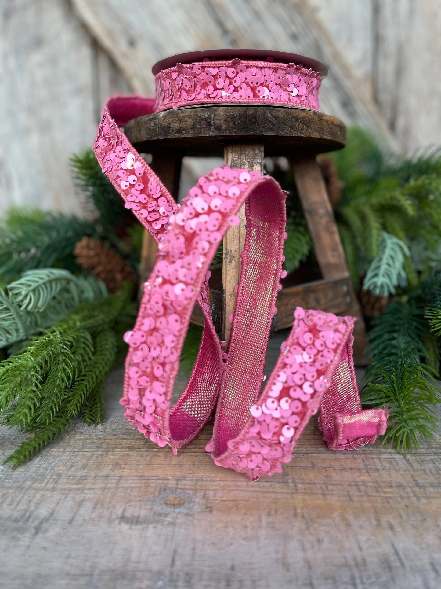 1" Pink Sequin Ribbon, Farrisilk Ribbon, Pink Jolly Sequin Ribbon, Pink Christmas Ribbon, Bubblegum Pink, RS178-14