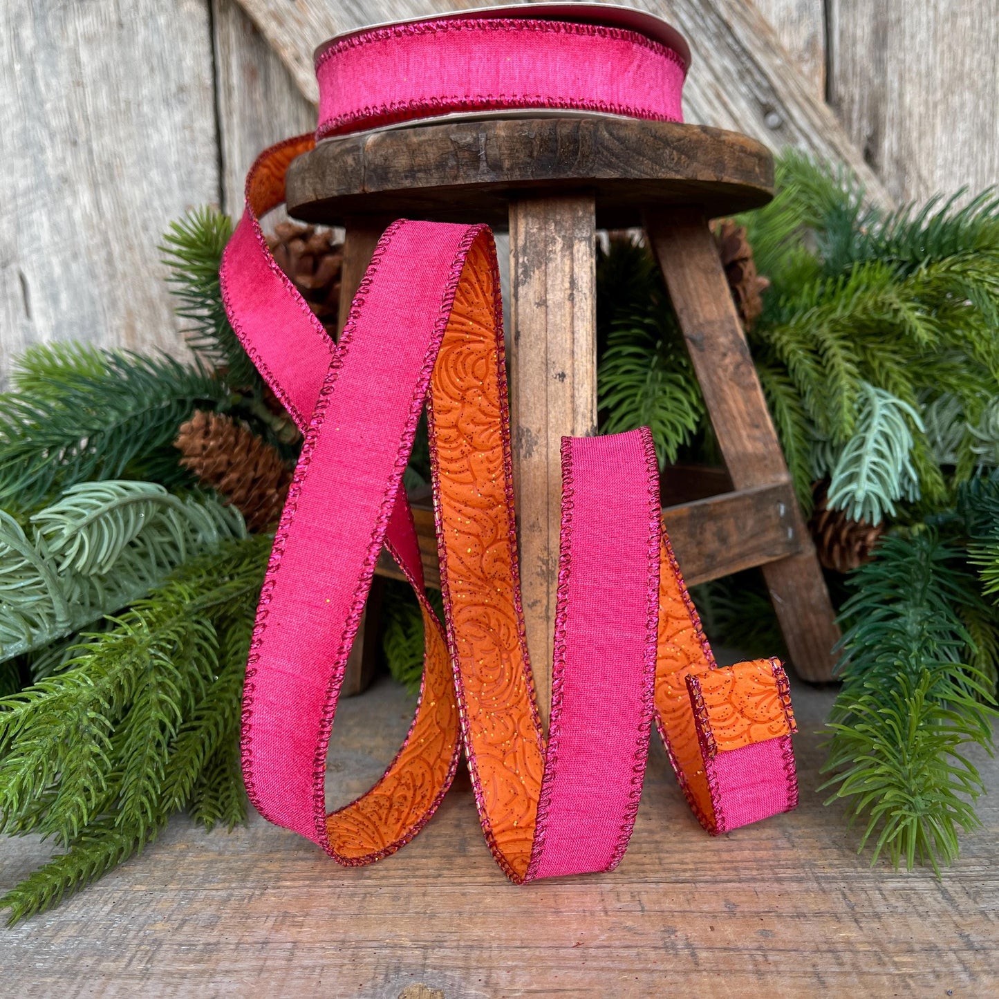 7/8" Pink Orange Ribbon, Hot Pink Ribbon, Wired Ribbon, Double sided ribbon Ribbon, Pink Orange Ribbon, D61532-05-28