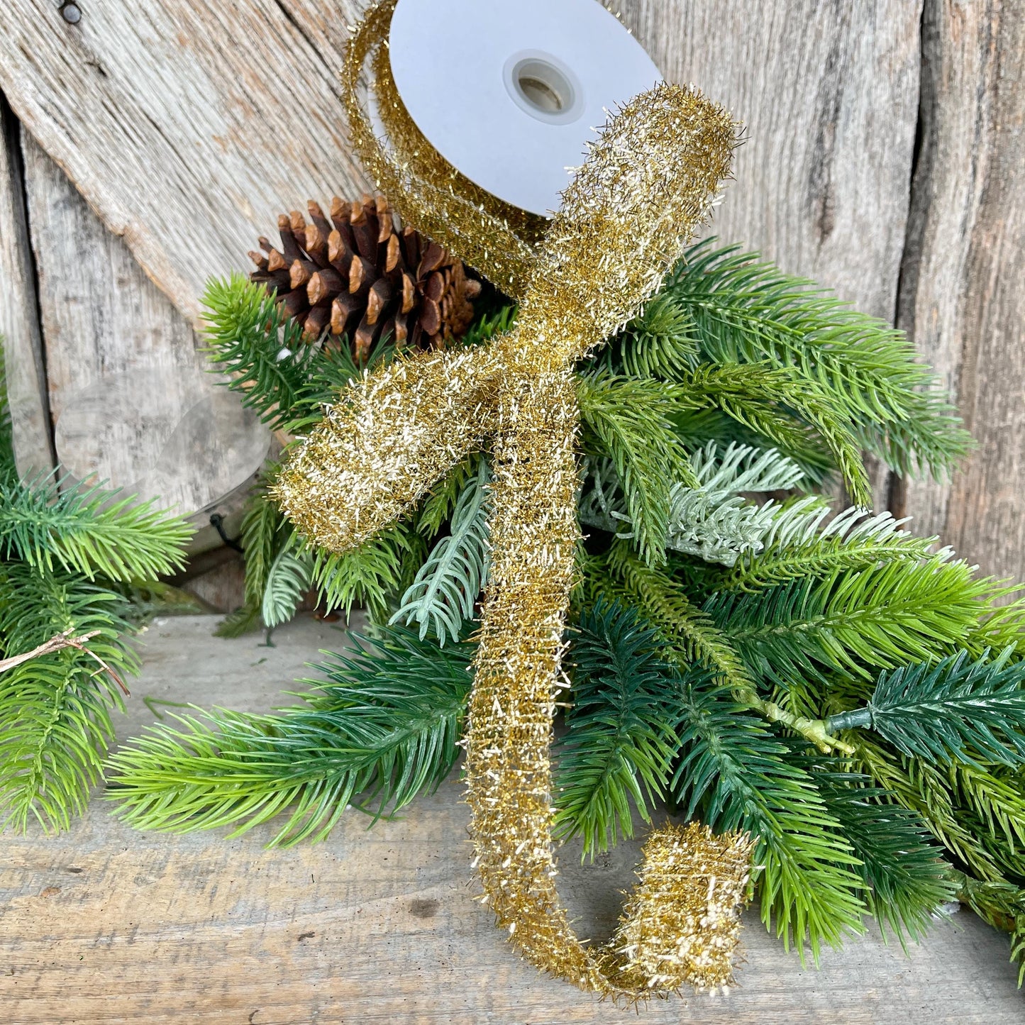 7/8" Gold Tinsel Ribbon, Gold Ribbon, Christmas Ribbon, Narrow Ribbon, Gift Wrap RIbbon, Designer Christmas, 77460-05-15