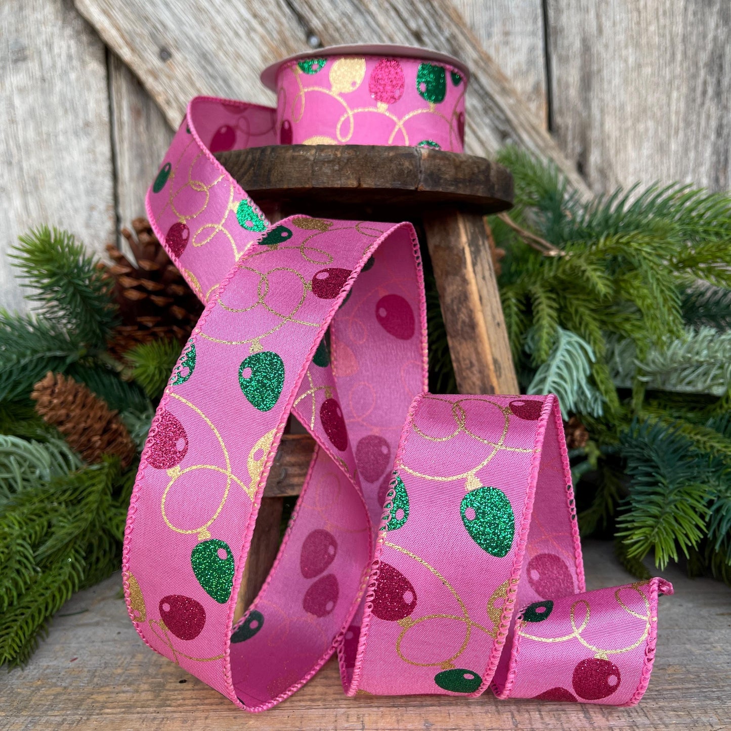 1.5" Pink Christmas Ribbon, Christmas Lights Ribbon, Bubblegum Pink Ribbon, vintage christmas lights, Christmas tree ribbon, 72506-09-44
